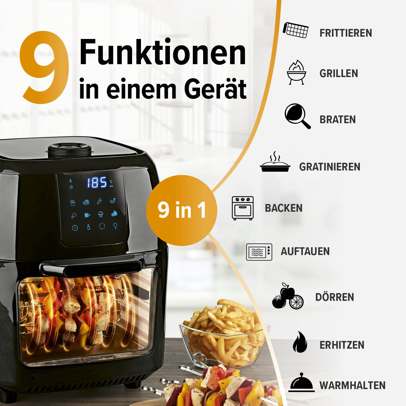 Eine schwarze Heißluftfritteuse mit Digitalanzeige und Bildern verschiedener Kochoptionen.
