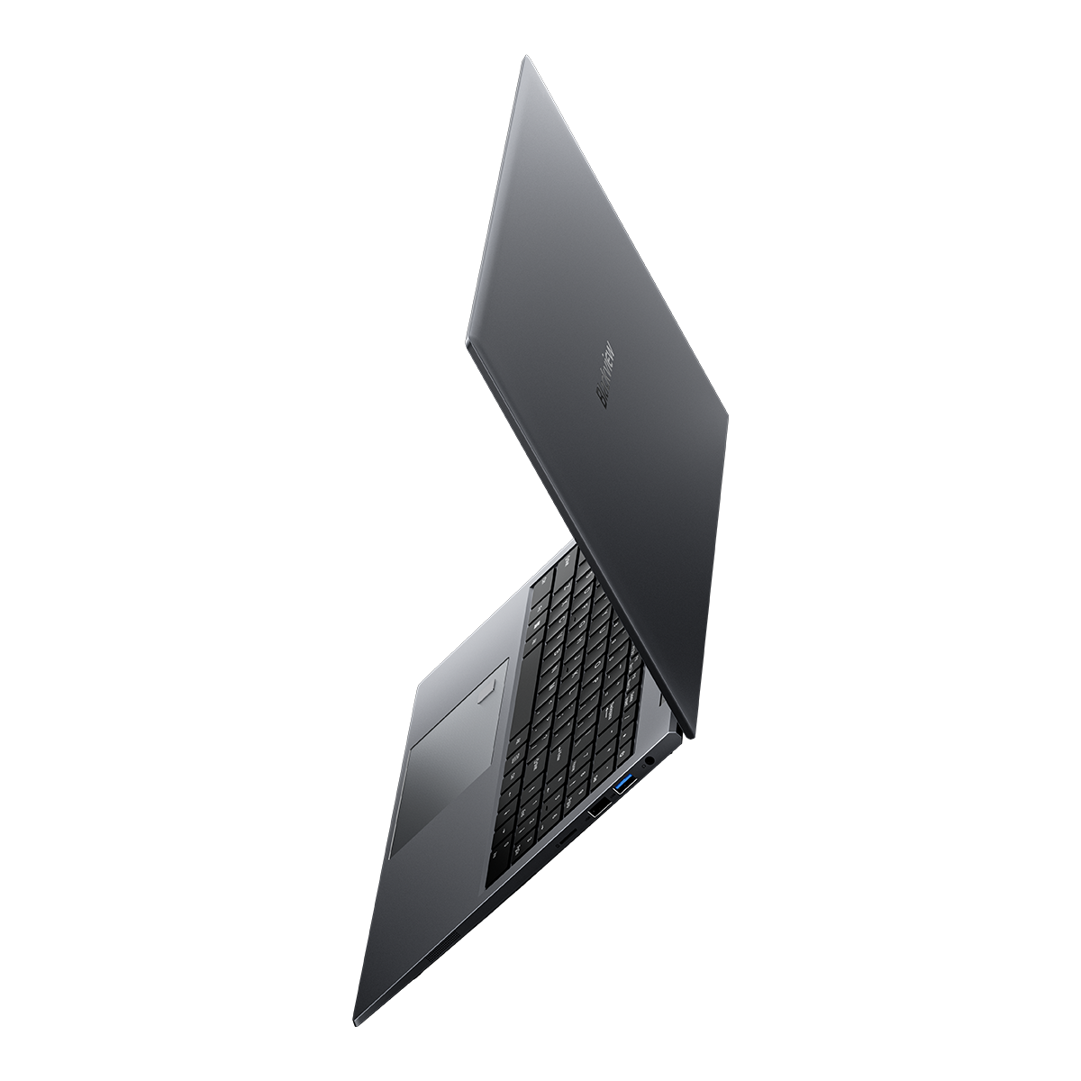 Laptop nero angolato, vista dall'alto con coperchio aperto, tastiera e touchpad visibili.