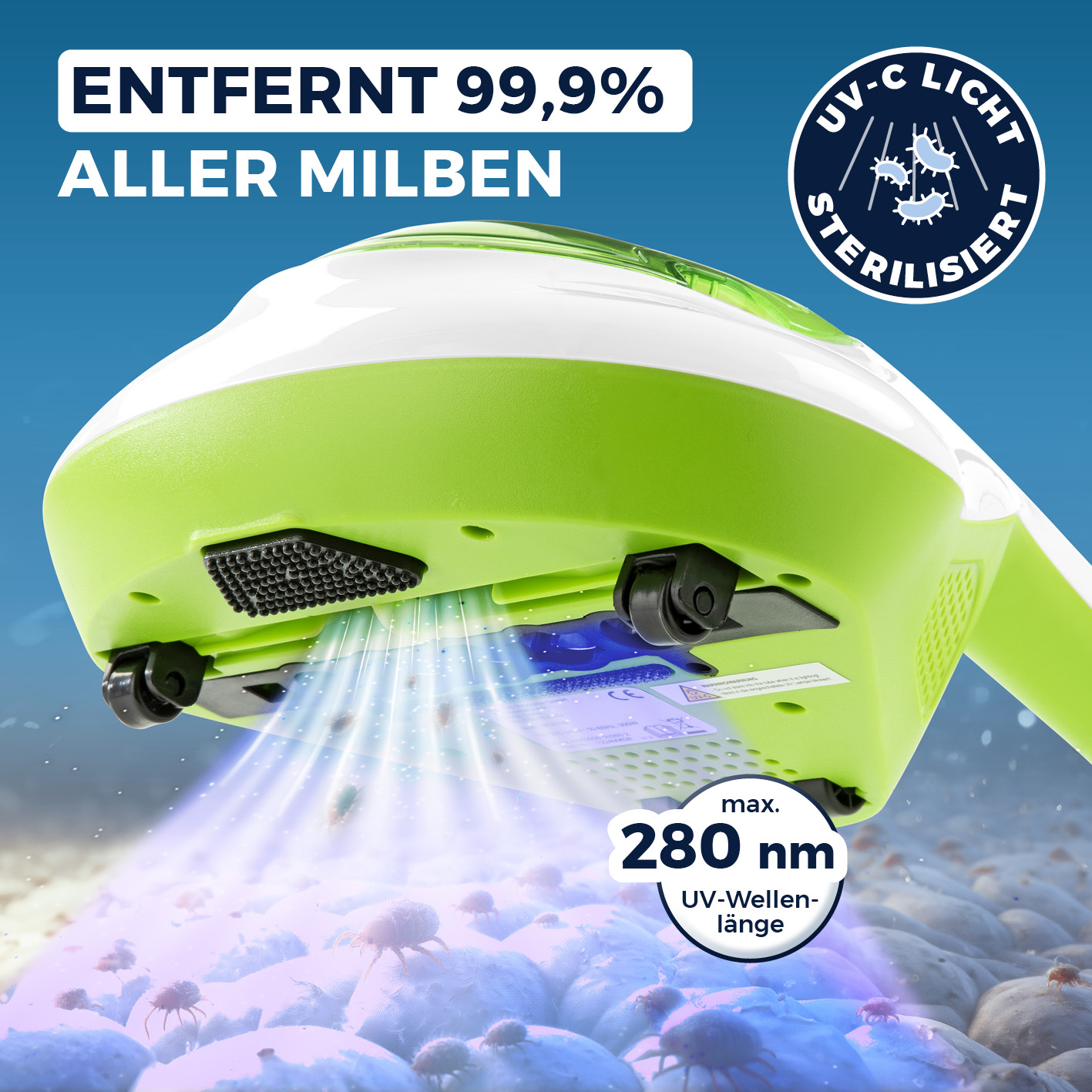 Białe i zielone urządzenie do światła UV-C z tekstem o usuwaniu roztoczy.
