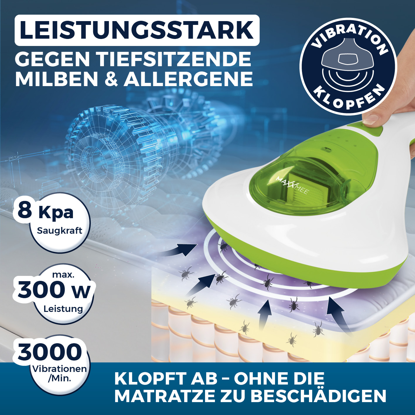 Odkurzacz z zielono-białym korpusem. Tekst pokazuje moc i wibracje. Znajduje się na materacu.