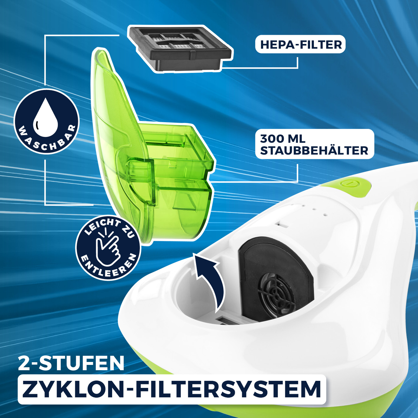 Biały i zielony odkurzacz z etykietami na filtr i pojemnik.