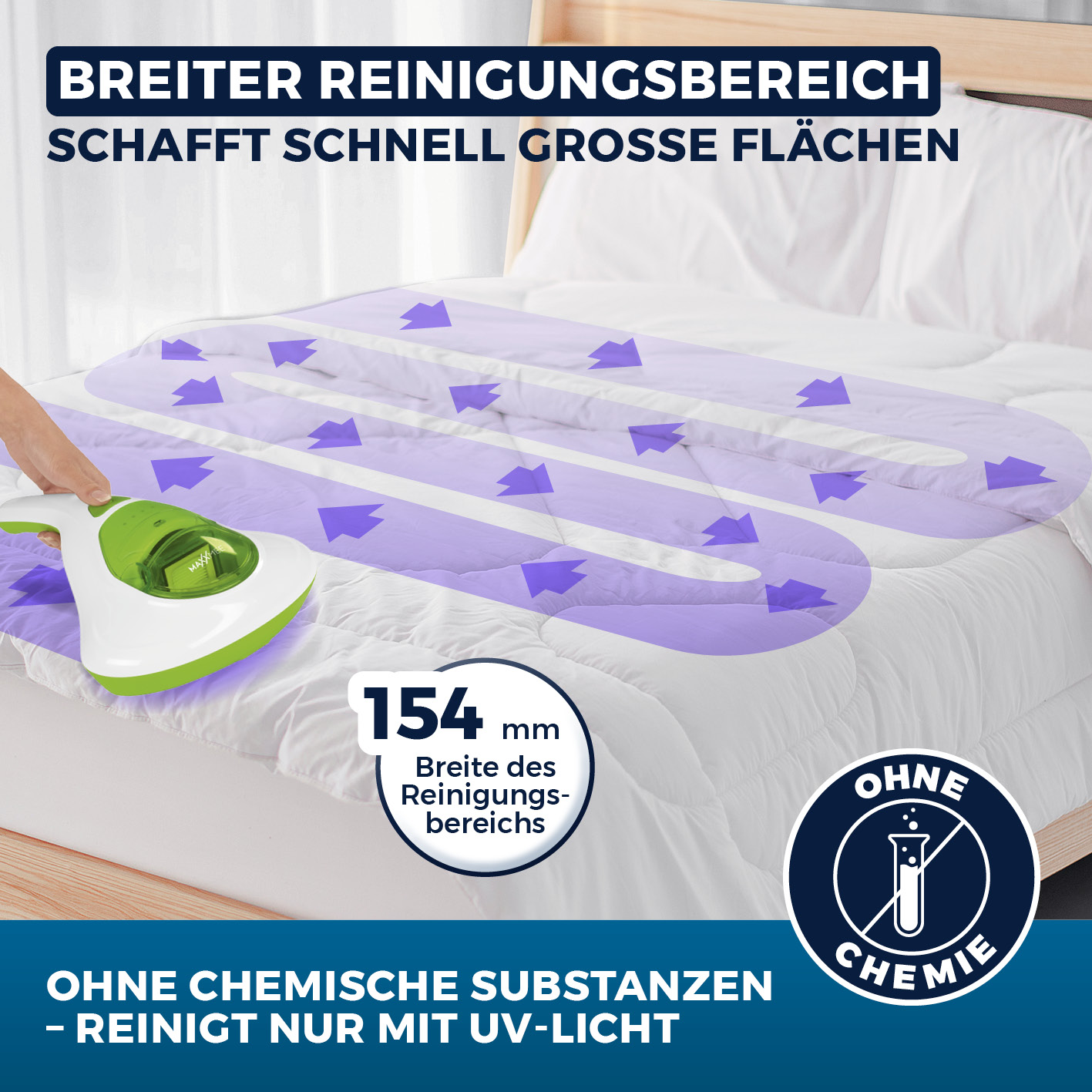 Reklama produktu z tekstem, łóżko czyszczone urządzeniem i znak bez chemikaliów.