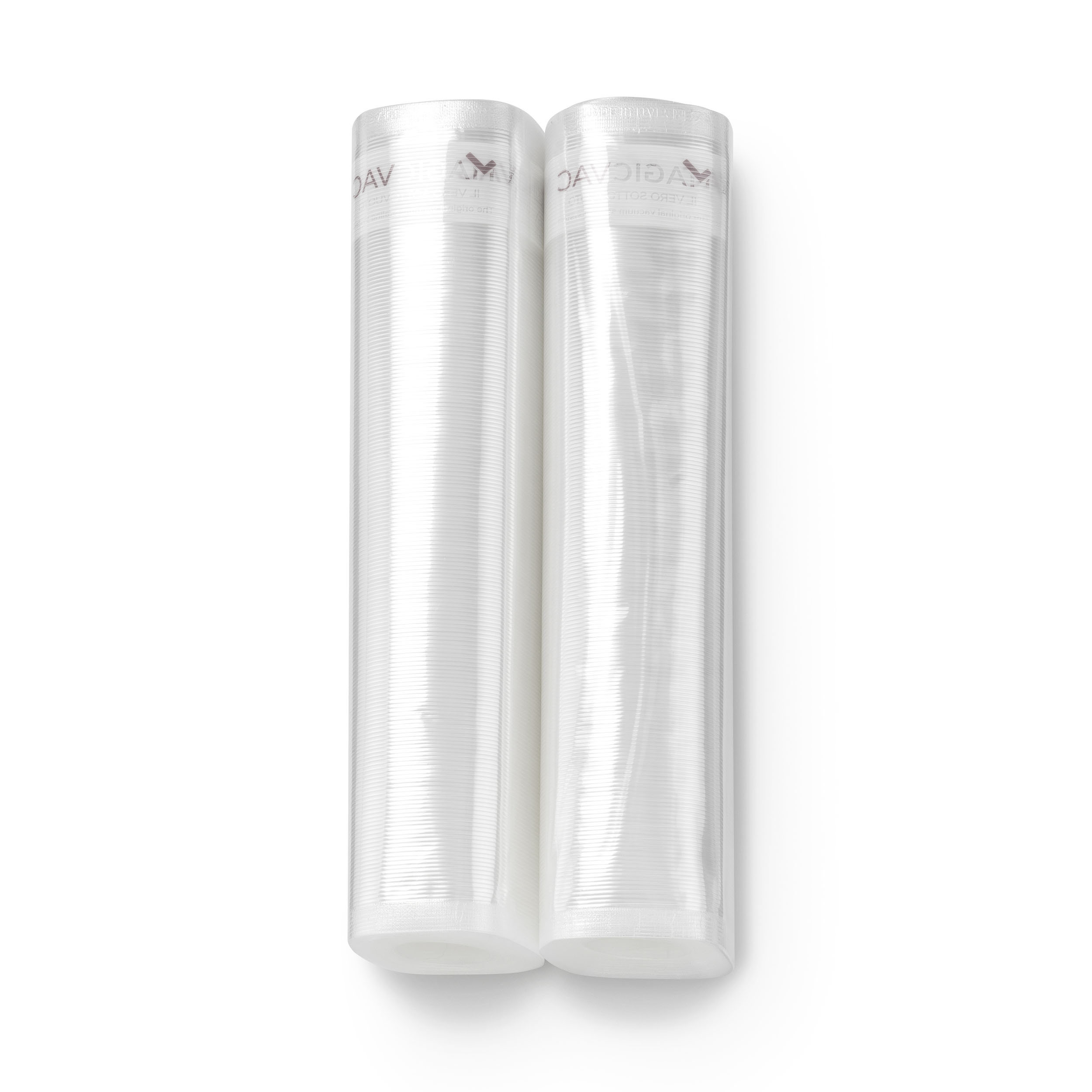 Dos rollos de plástico transparente, alineados verticalmente, con texto impreso, sobre superficie blanca.