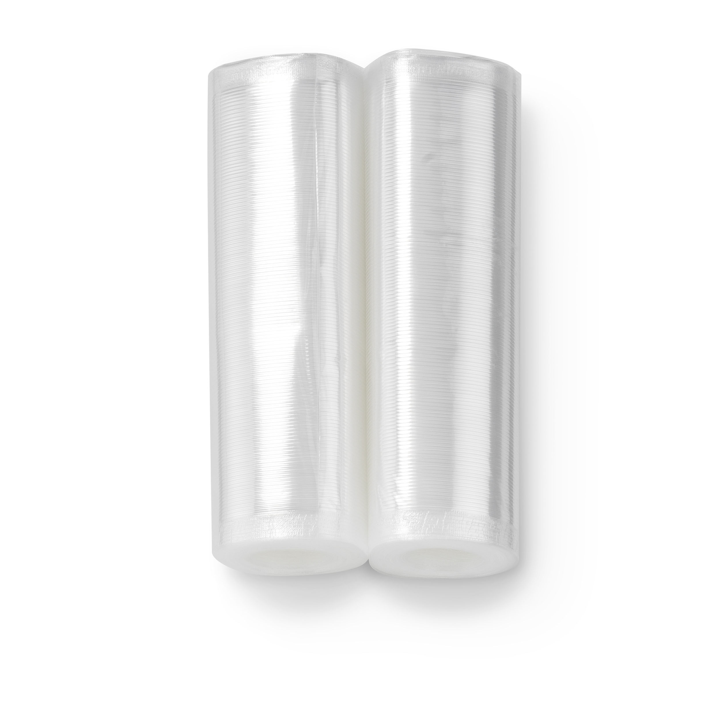 Dos rollos de film transparente sobre una superficie blanca, vistos desde arriba.