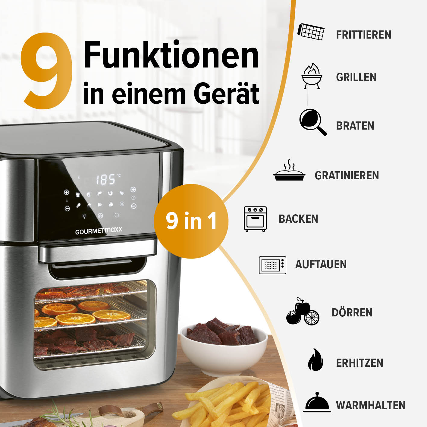 Silberne Heißluftfritteuse mit Digitalanzeige und Essen im Inneren. Funktionssymbole rechts.