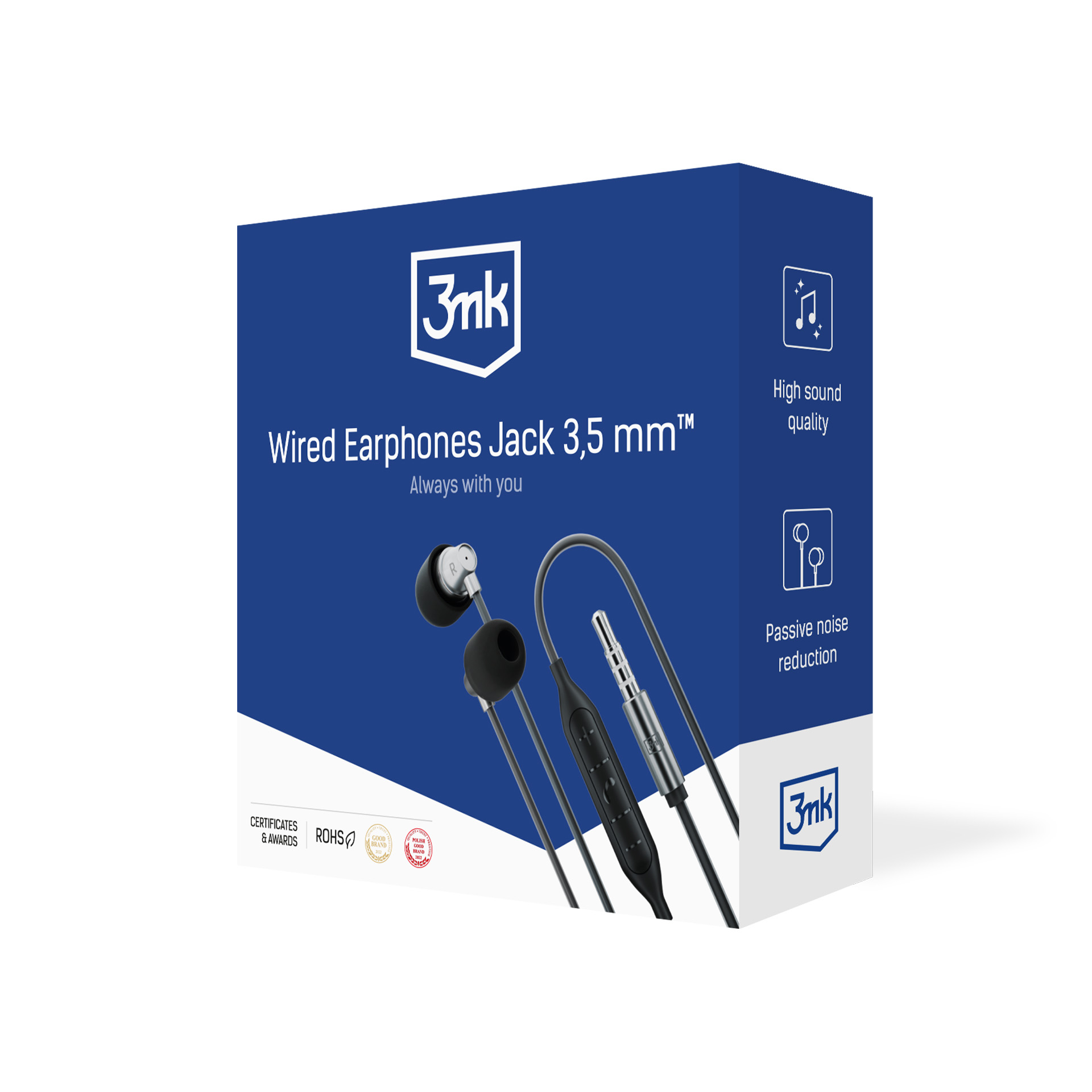 Scatola per auricolari con auricolari. Auricolari neri, sfondo bianco. Testo: Auricolari cablati Jack 3,5 mm.