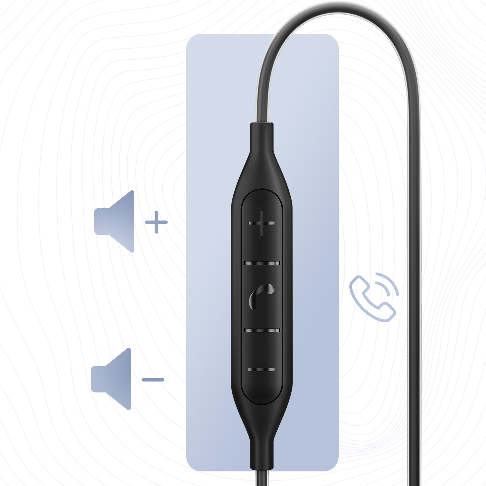 Telecomando per auricolari con pulsanti volume e chiamata. Sfondo blu e bianco.