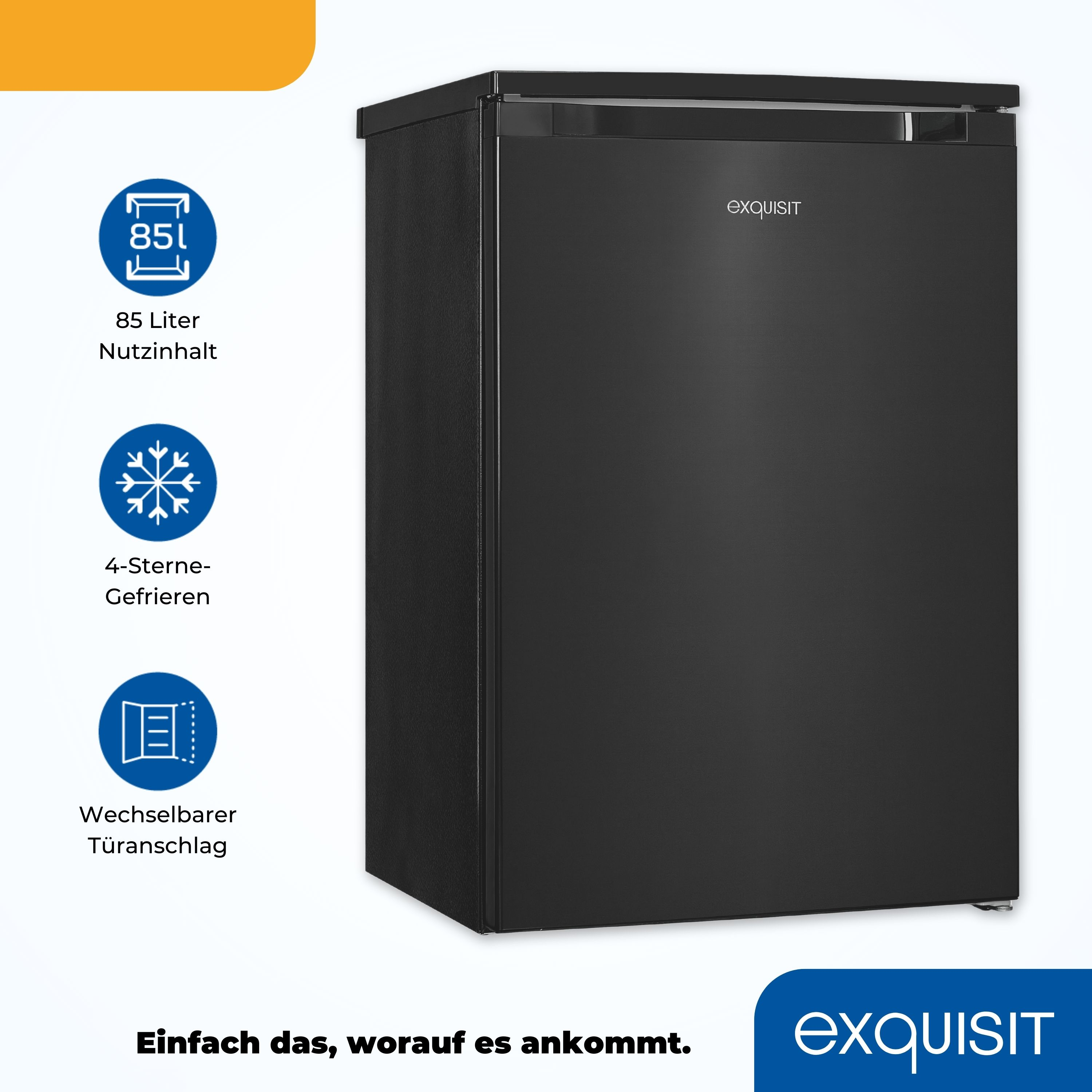 Refrigerador negro con texto e iconos. Es un refrigerador compacto con capacidad de 85L.