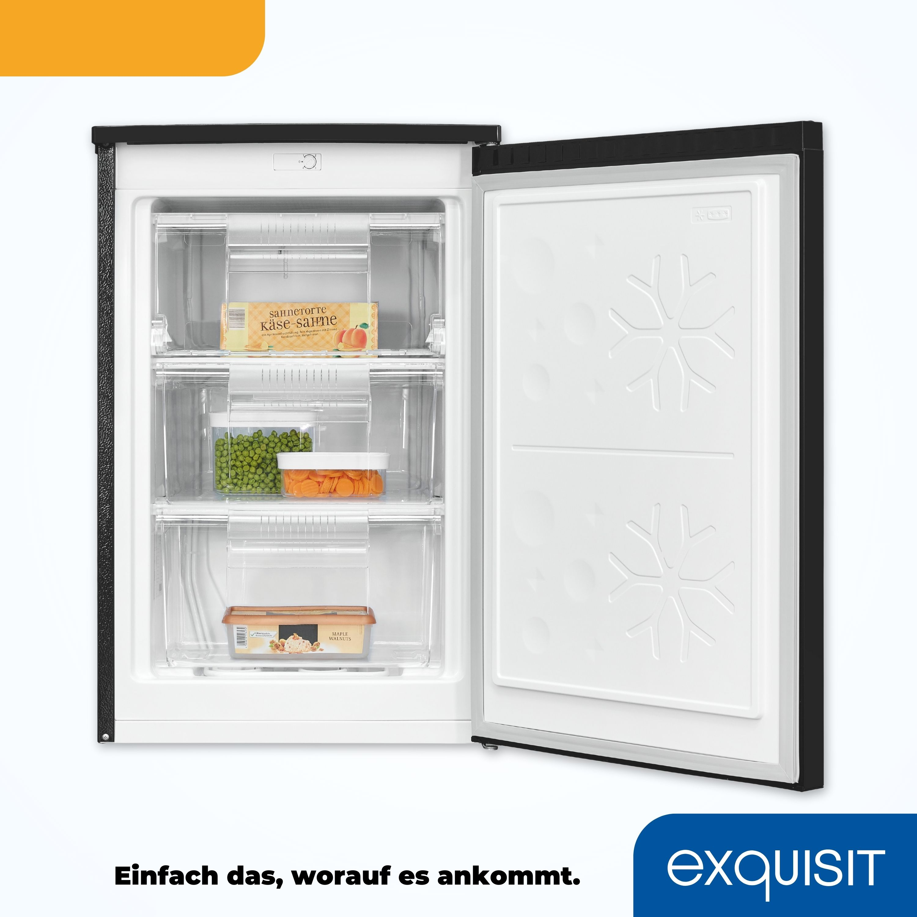 Un refrigerador abierto con estantes que contienen alimentos; una barra amarilla está en la parte superior izquierda.