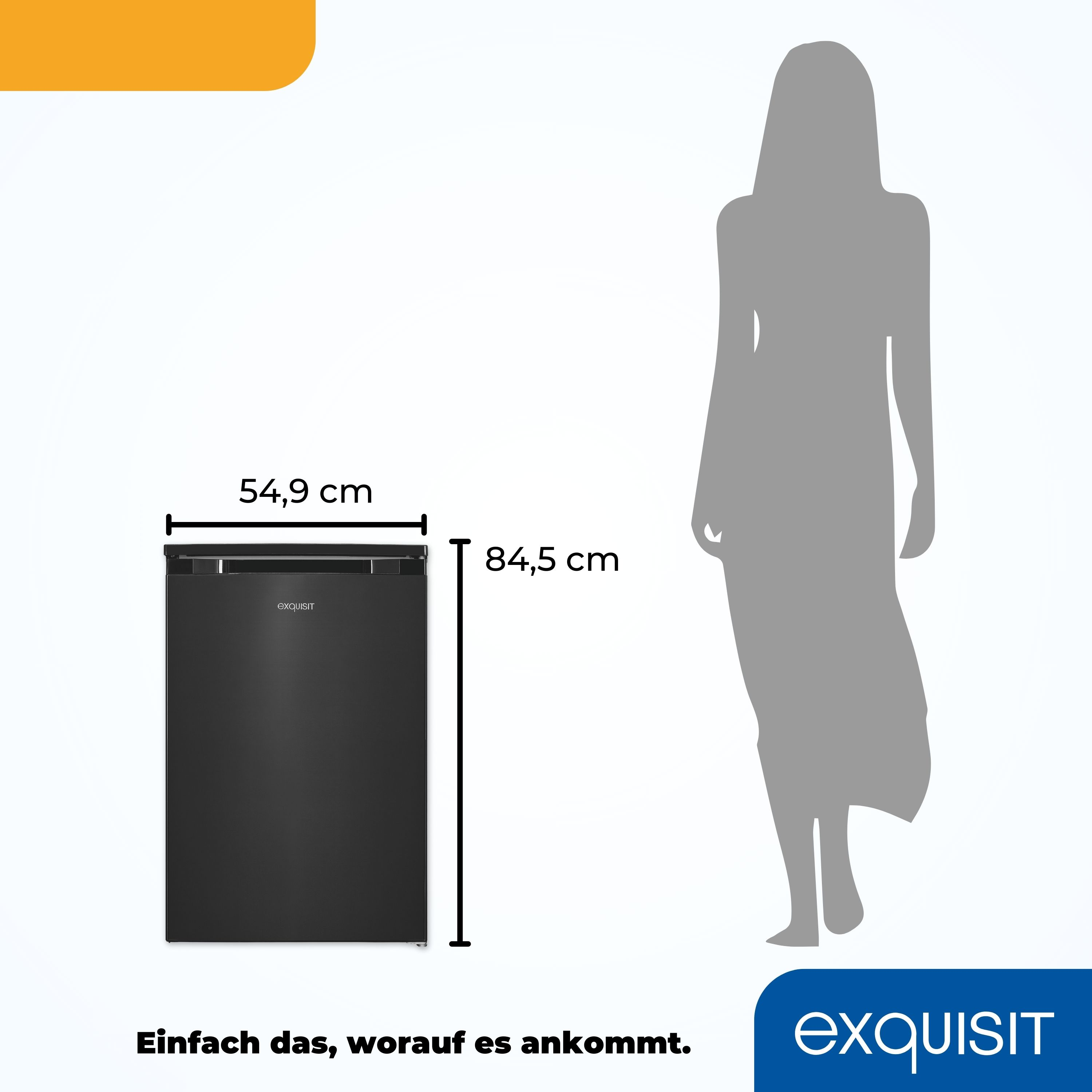 Un refrigerador negro con dimensiones junto a la silueta de una persona.