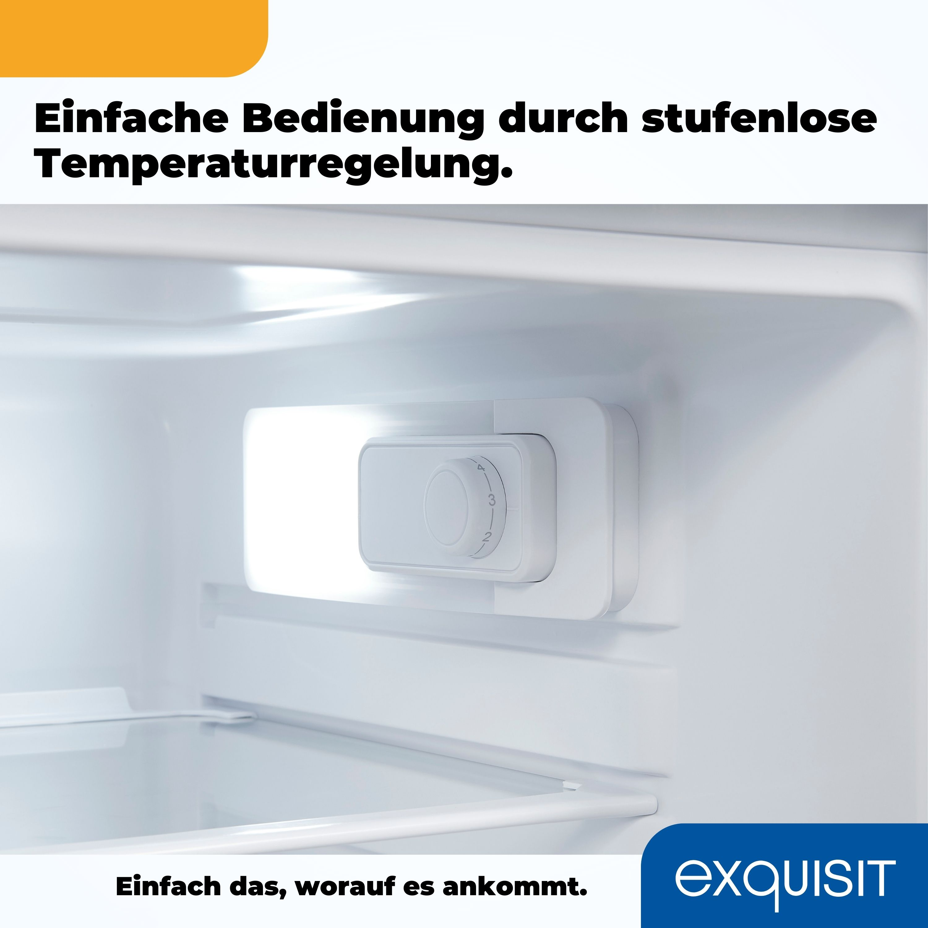 Nahaufnahme eines weißen Kühlschrank-Bedienfelds mit Temperaturregler.