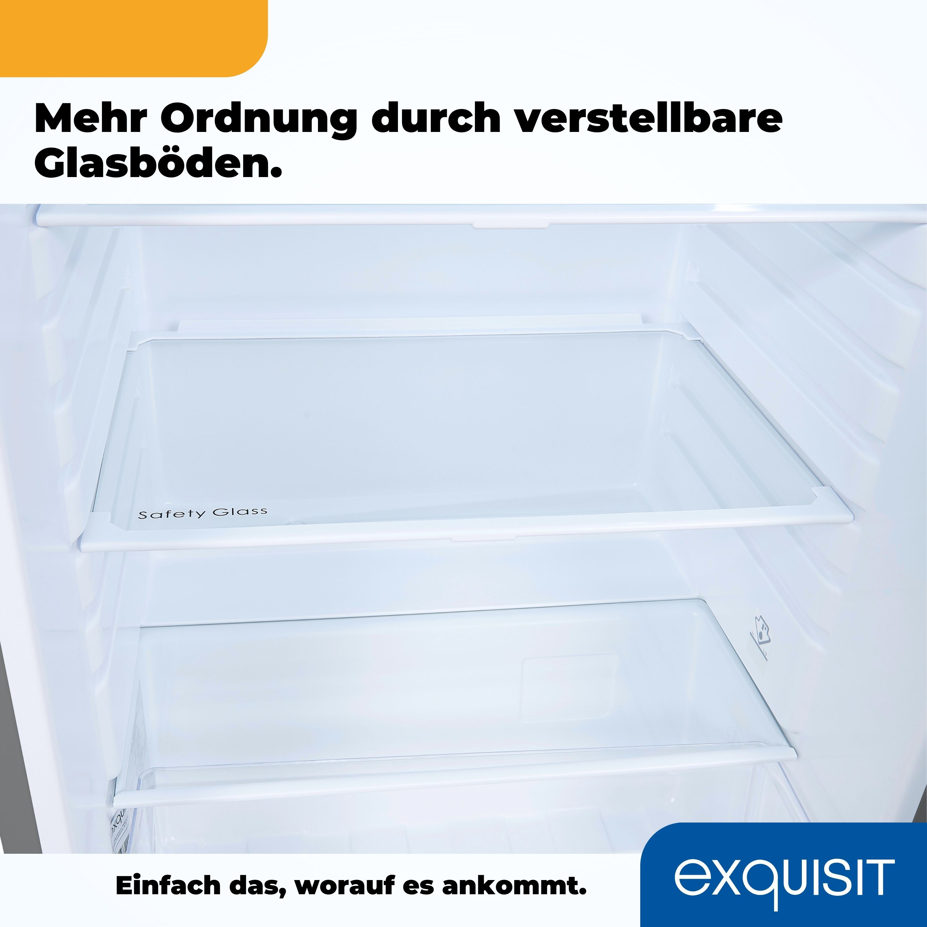Das Innere eines Kühlschranks mit Glasböden. Der Text auf Deutsch lautet: "Mehr Ordnung durch verstellbare Glasböden".