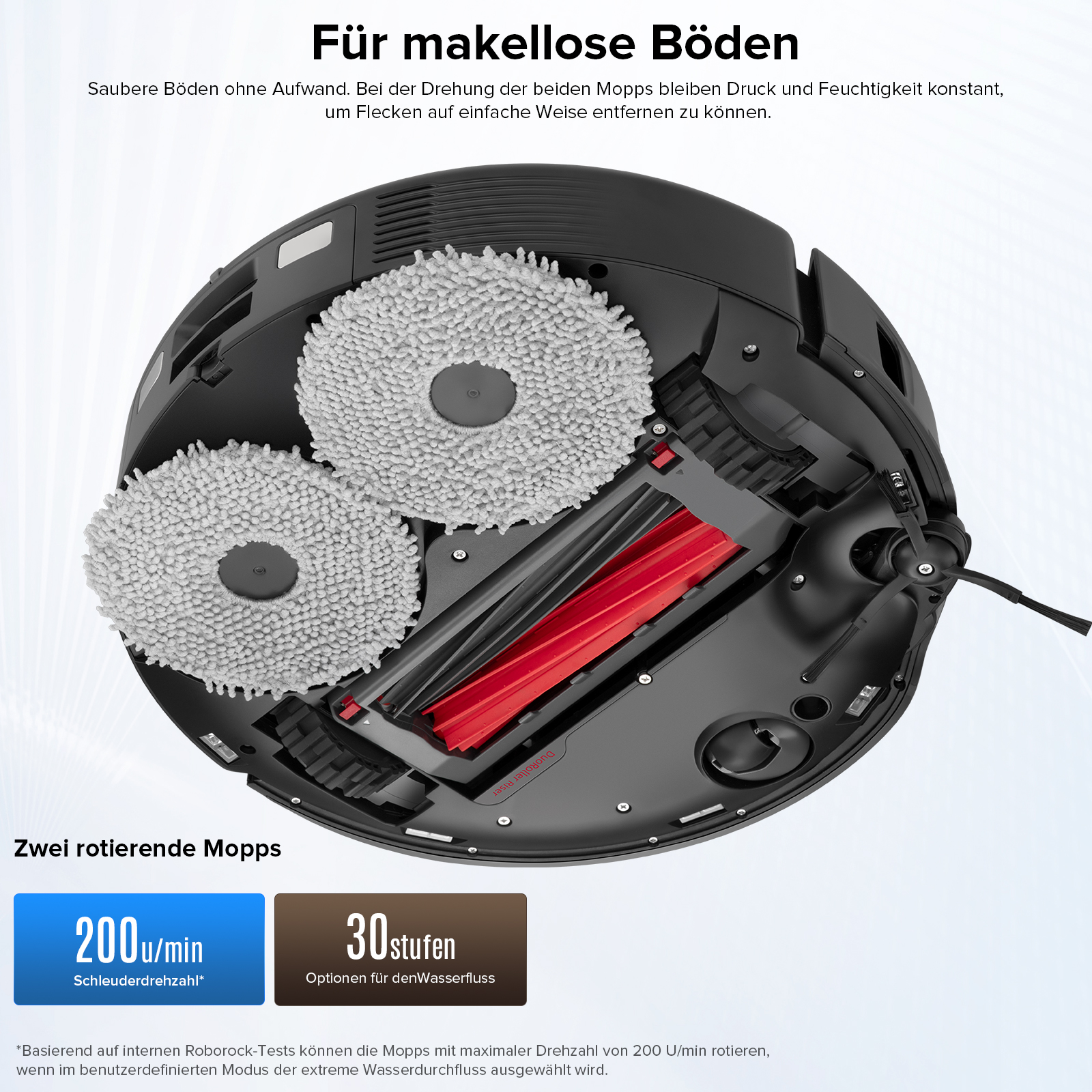 Ein schwarzer Roboterstaubsauger mit zwei rotierenden Wischmopps und einer roten Bürste. Text auf Deutsch.