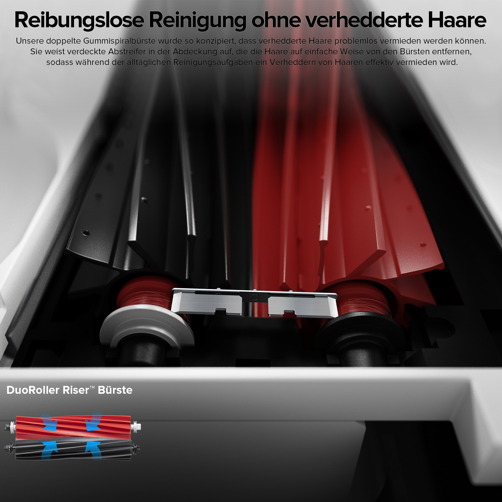 Nahaufnahme eines Staubsaugerkopfes mit roten und schwarzen rotierenden Bürsten und DuoRoller Riser™ Bürste.