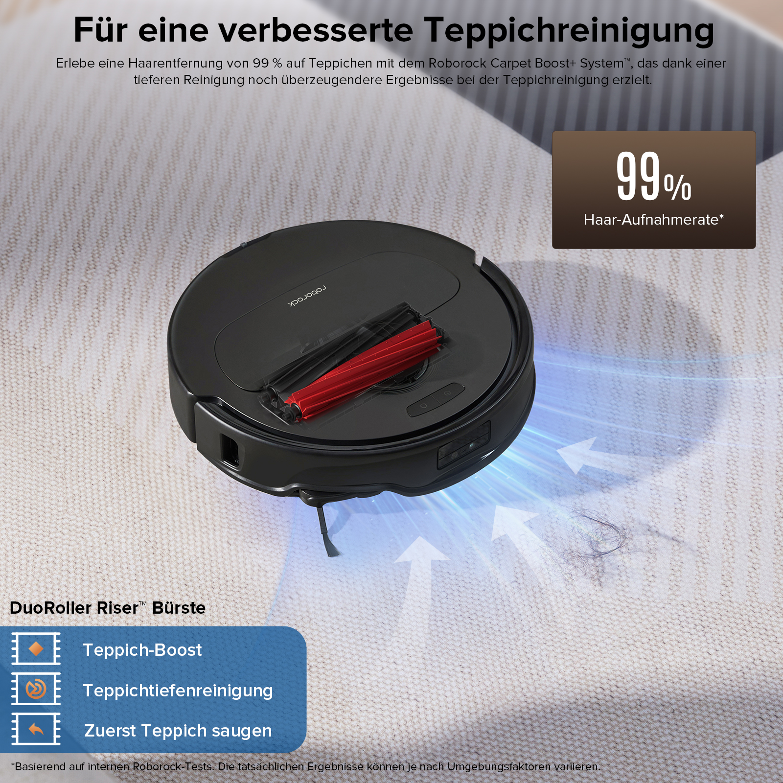 Ein schwarzer Roboter-Staubsauger mit roter Bürste, auf einem Teppich, der Reinigungsergebnisse zeigt.