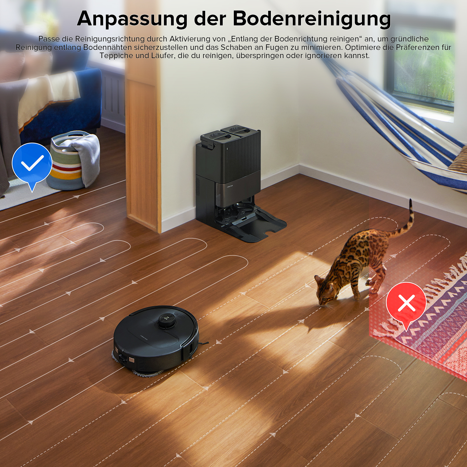 Roboter-Staubsauger reinigt Holzboden. Katze im Vordergrund. Rotes X auf einem Teppich.