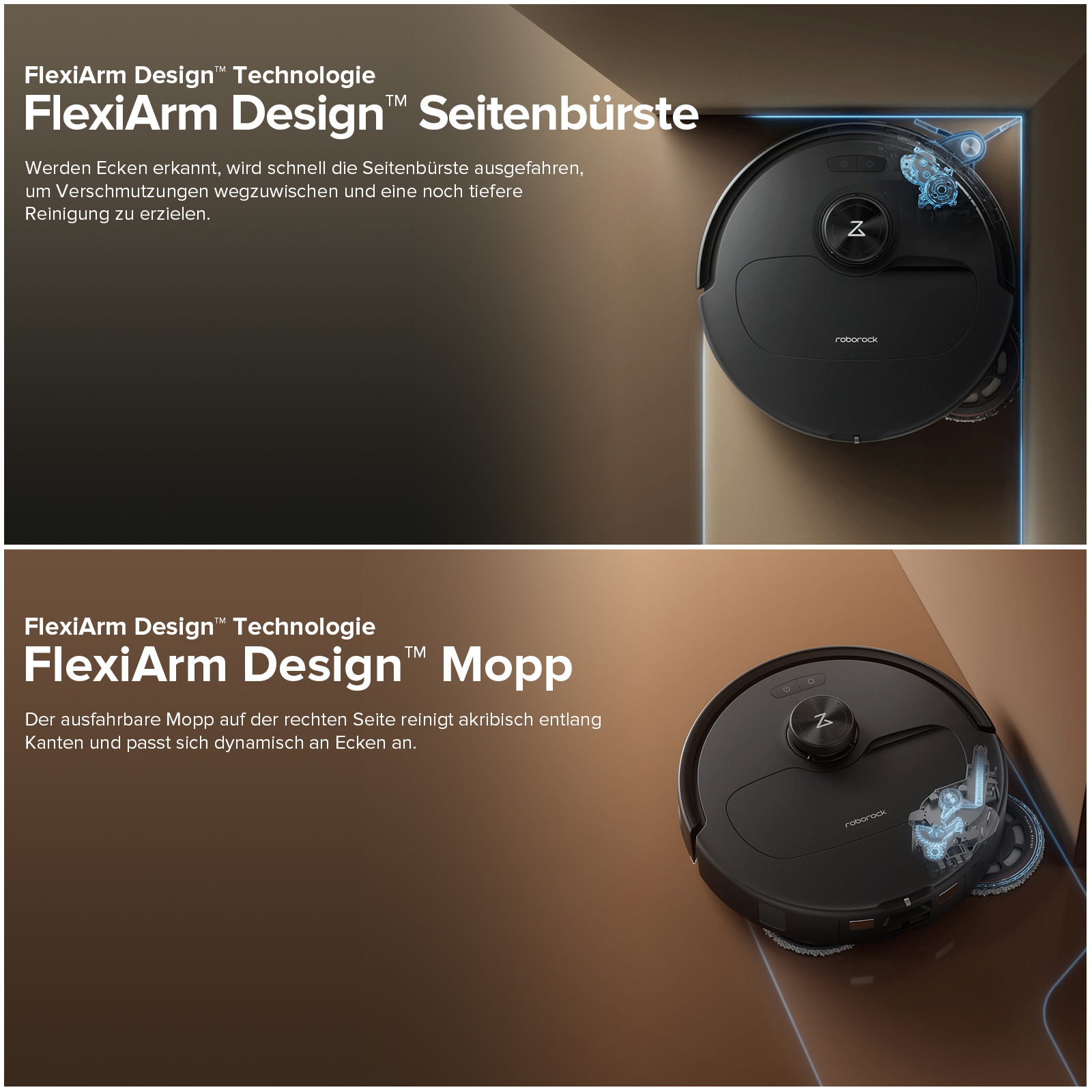 Zwei Bilder zeigen einen schwarzen Roboter-Staubsauger, mit Text auf Deutsch.