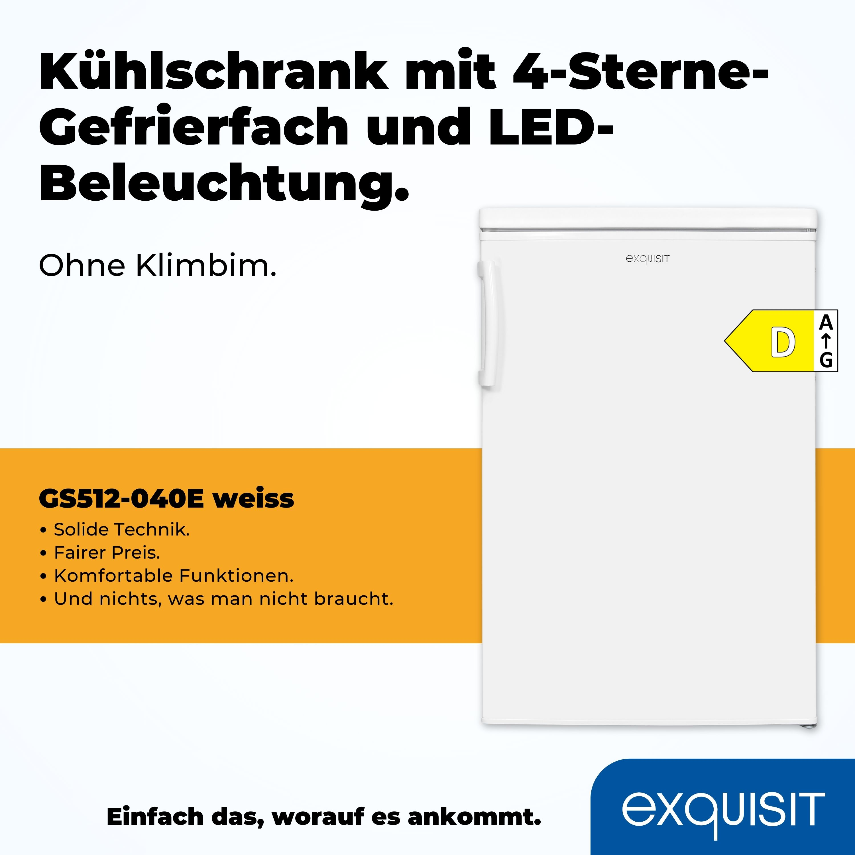Weißer Kühlschrank mit deutschem Text. Gelbes Energielabel. Weißer Hintergrund.