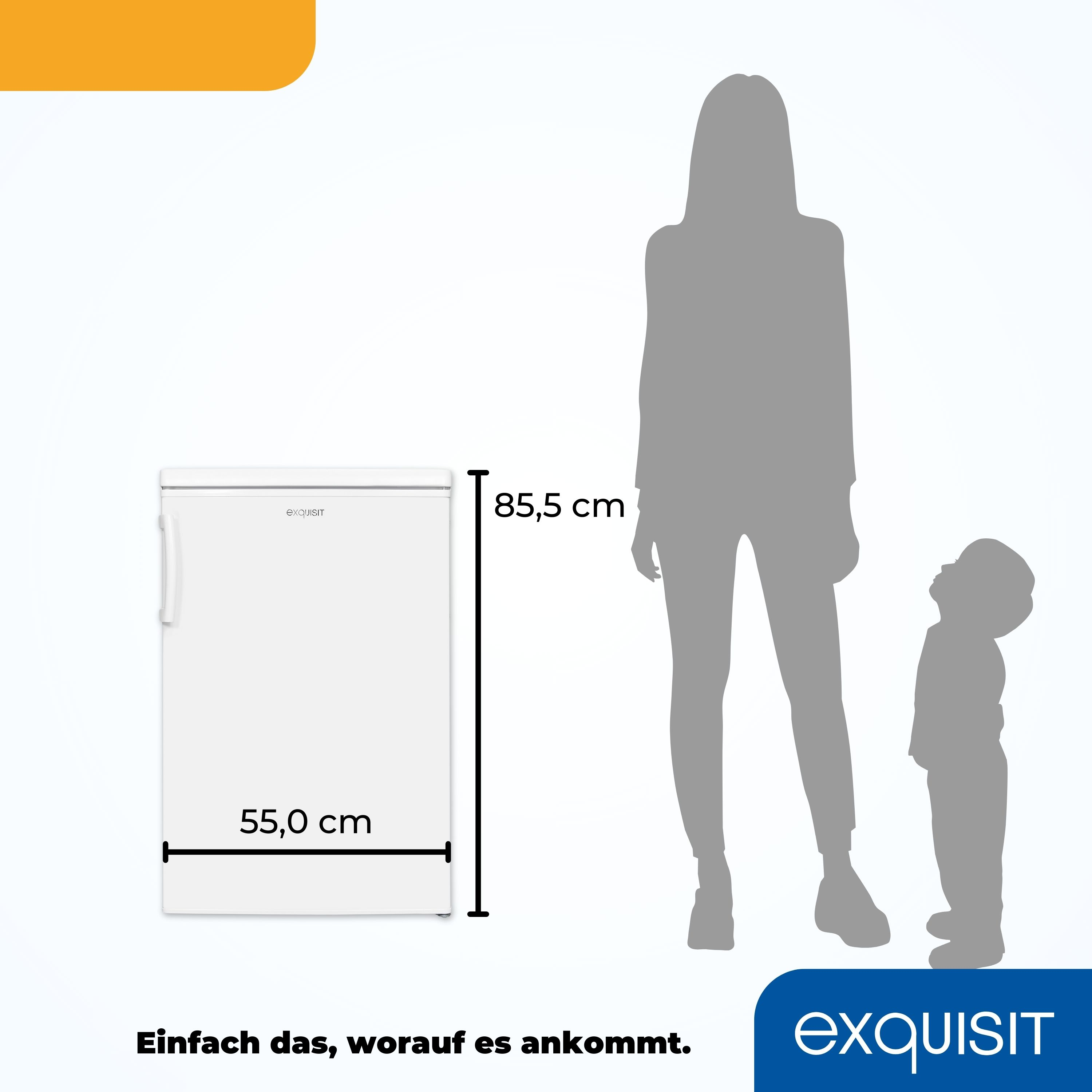 Weißer Kühlschrank mit Maßen links. Eine Frau und ein Kind stehen daneben als Schattenbild.