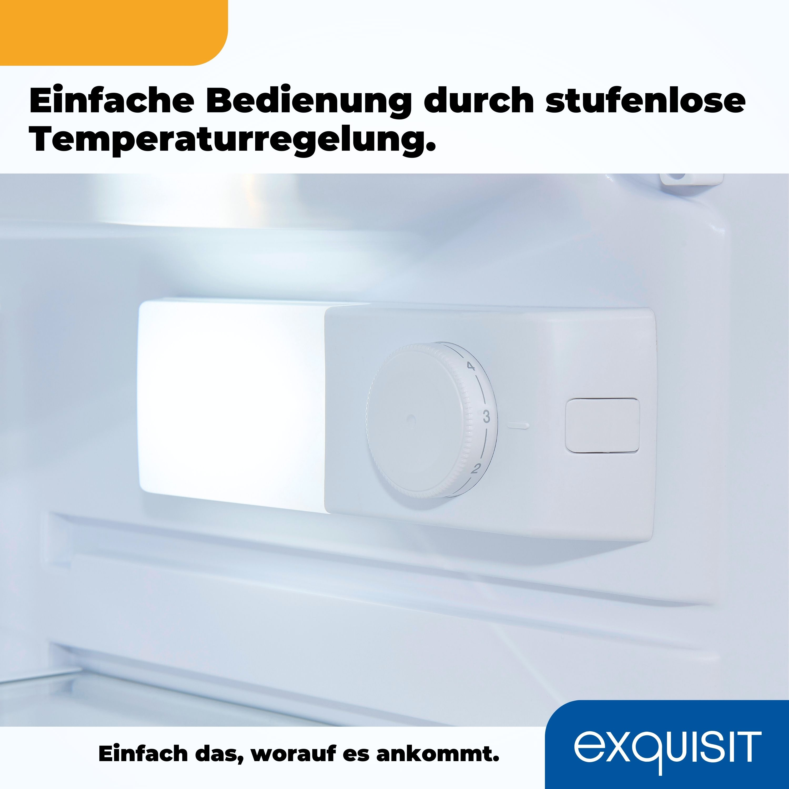 Weißes Bedienfeld mit Drehknopf im Inneren eines weißen Kühlschranks. Weißer Hintergrund.