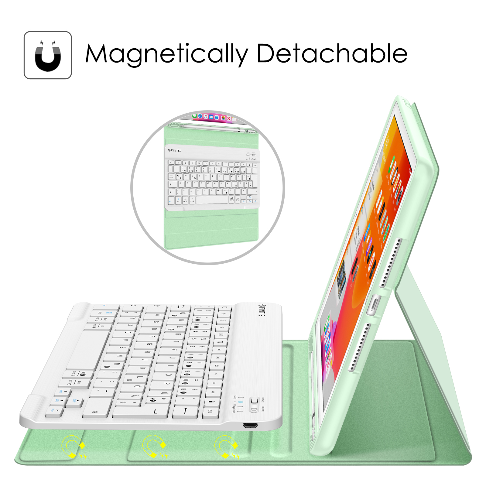 Tablet mit Tastaturhülle, magnetisch befestigt, mintgrün.