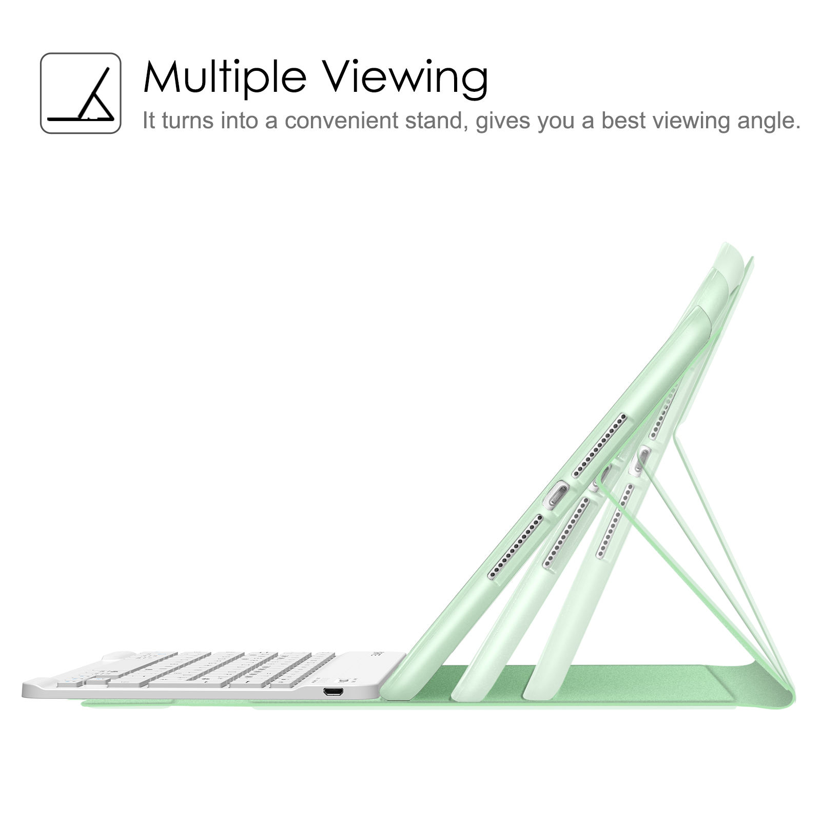 Eine grüne Tablet-Hülle mit angeschlossener Tastatur und in Gebrauch, die mehrere Blickwinkel zeigt.