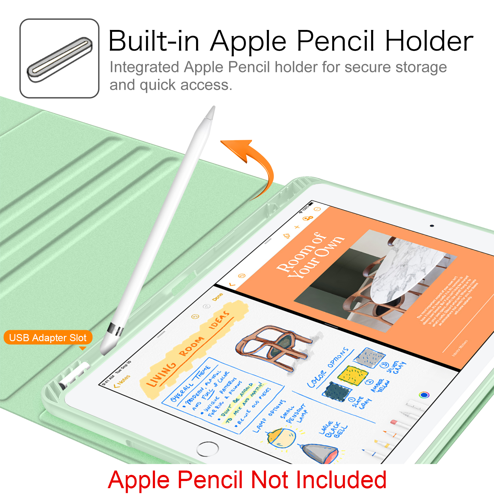 Ein iPad mit Notizen und einem Apple Pencil. Eine mintgrüne Hülle und der Text 'Apple Pencil Not Included'.