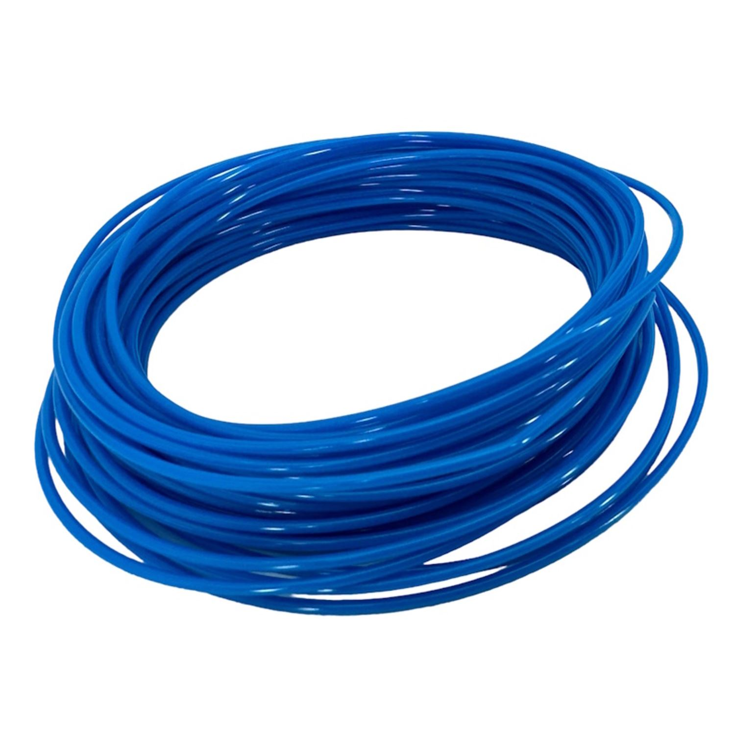 Filamento azul enrollado, un material plástico, listo para impresión 3D.