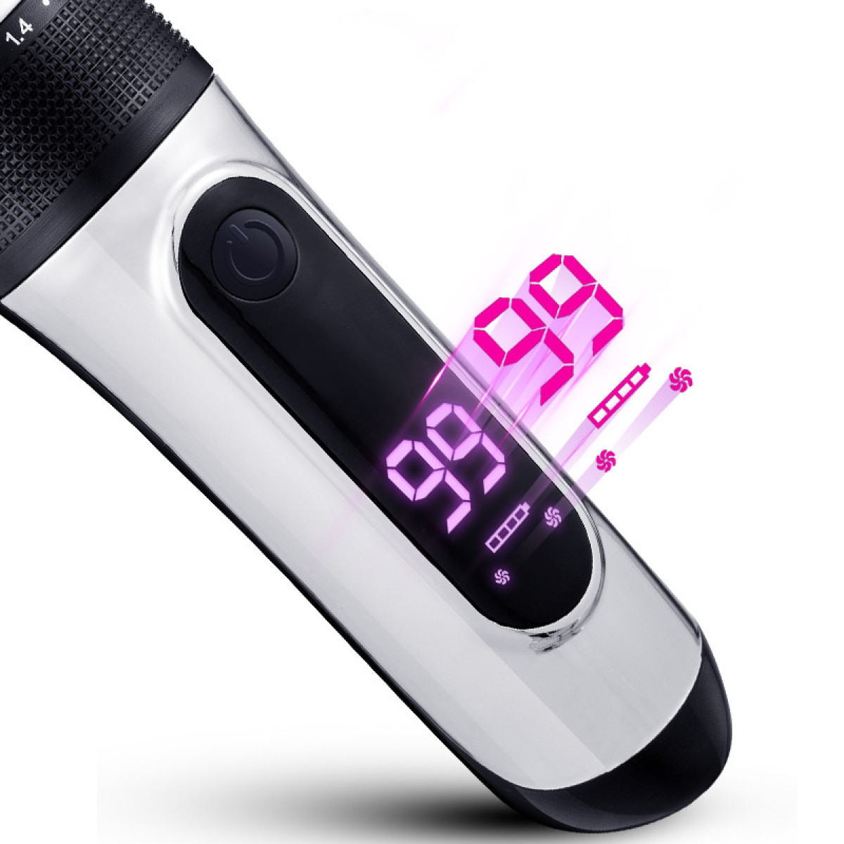 Srebrno-czarna golarka elektryczna. Wyświetlacz pokazuje 99 i ikony baterii. Różowe światło emanuje z wyświetlacza.