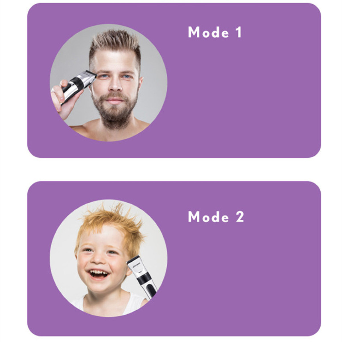 Dwa obrazy, jeden z mężczyzną używającym trymera, a drugi z chłopcem używającym trymera.