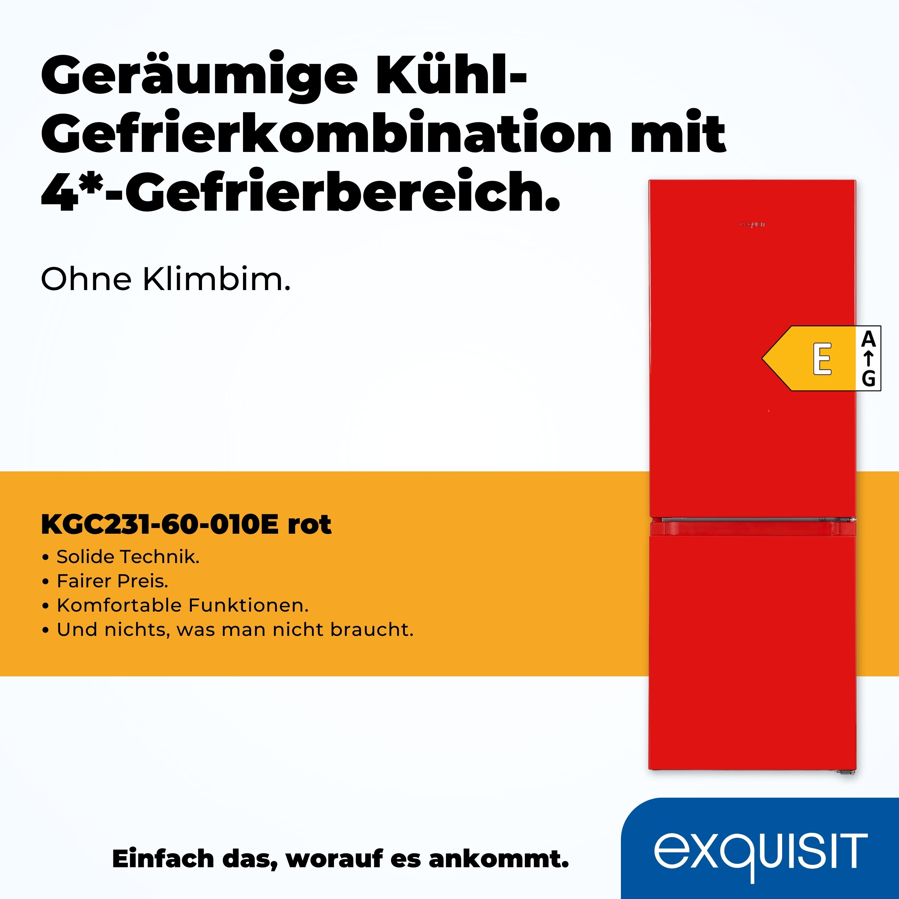 Roter Kühlschrank mit Etikett. Text auf dem Bild.