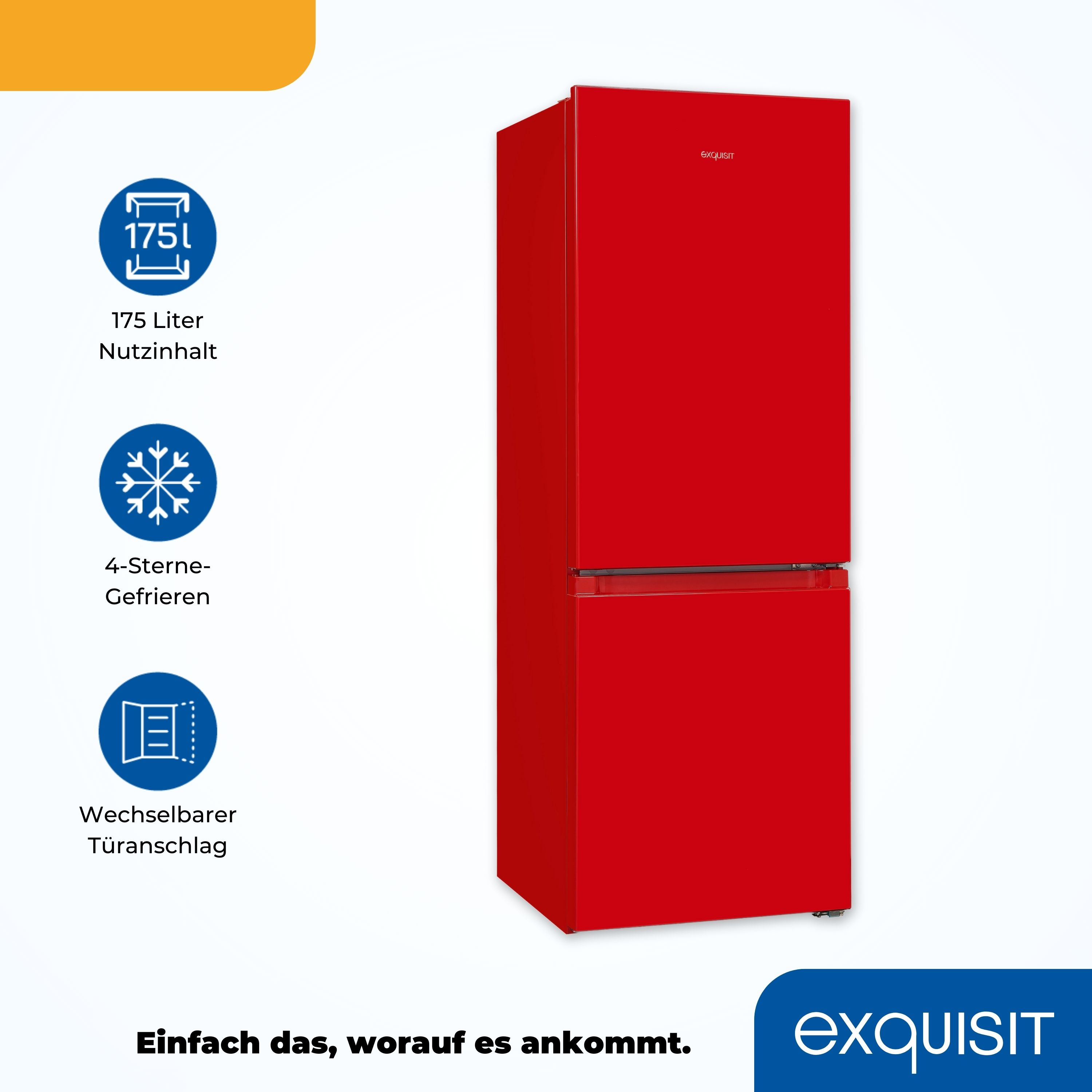 Ein roter Kühlschrank mit Symbolen und Text.