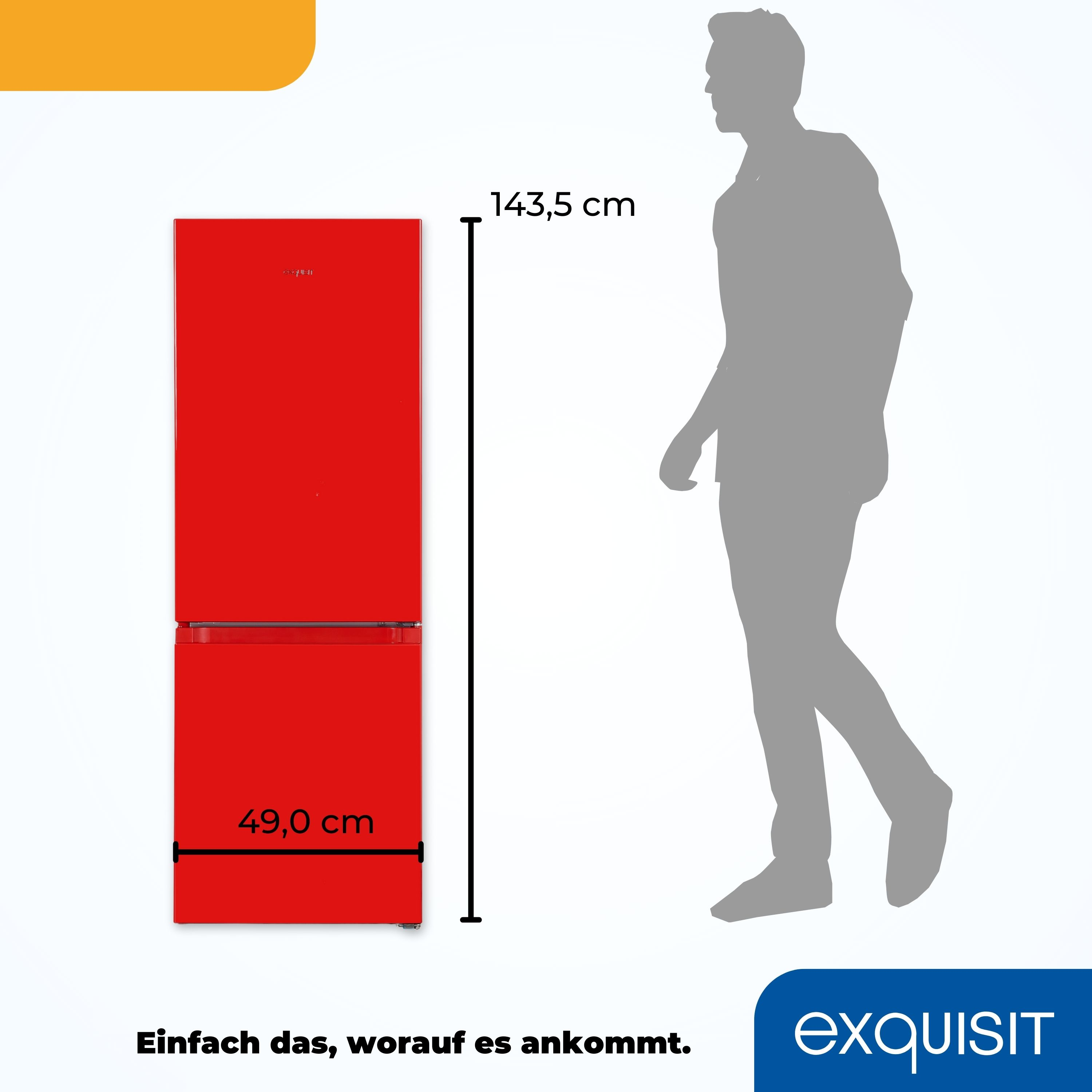 Ein roter Kühlschrank mit Maßen und einer Personensilhouette daneben.