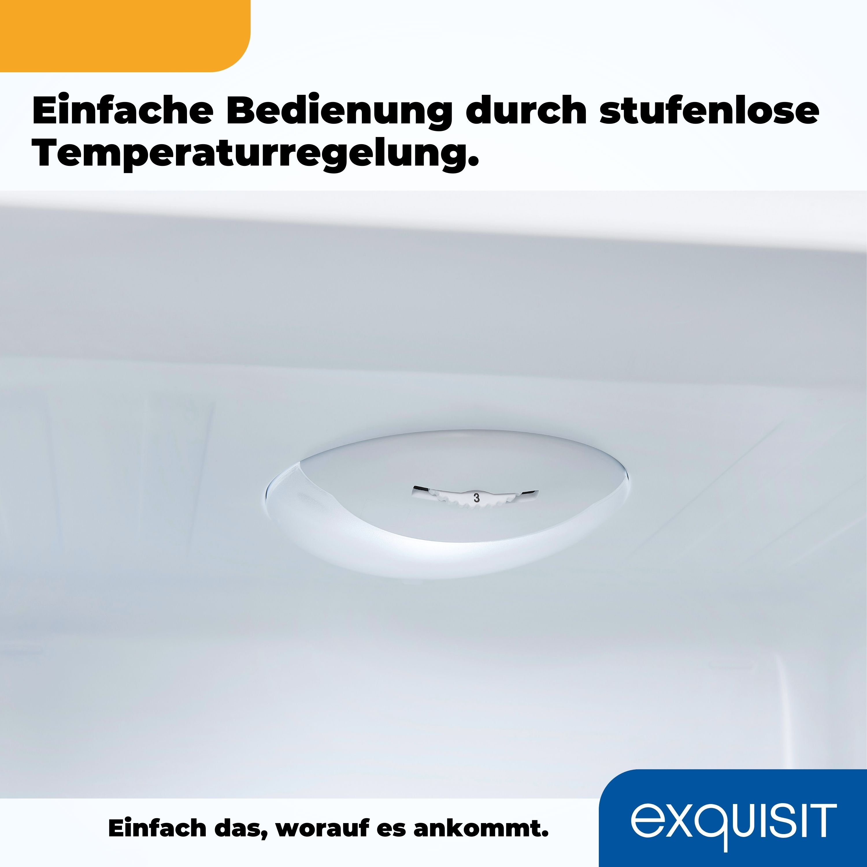 Ein weißer Kühlschrankinnenraum mit Temperaturregler und Text auf Deutsch.