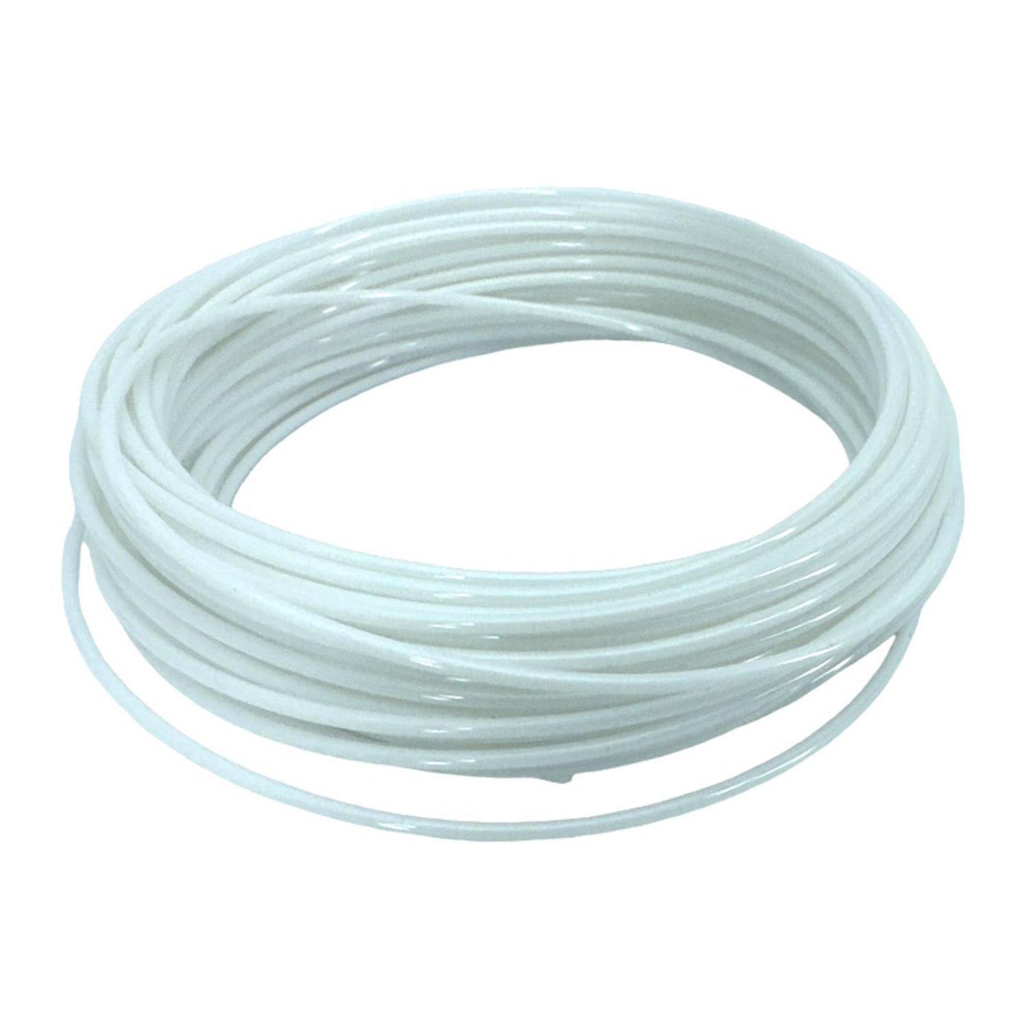 Una bobina de filamento blanco. El filamento es un material plástico delgado y flexible.