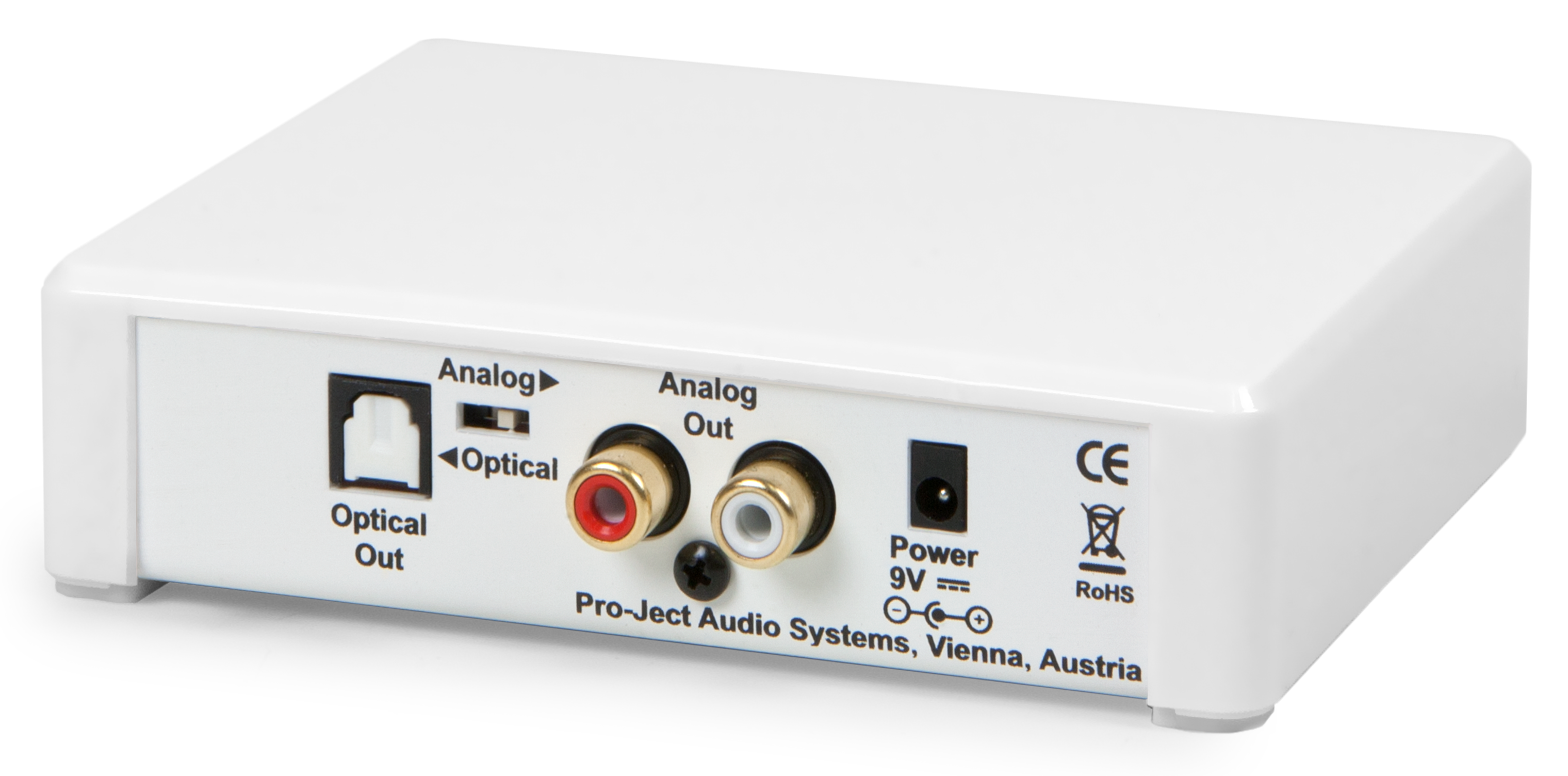 White audio device with optical and analog inputs/outputs, power input, and CE/RoHS markings.