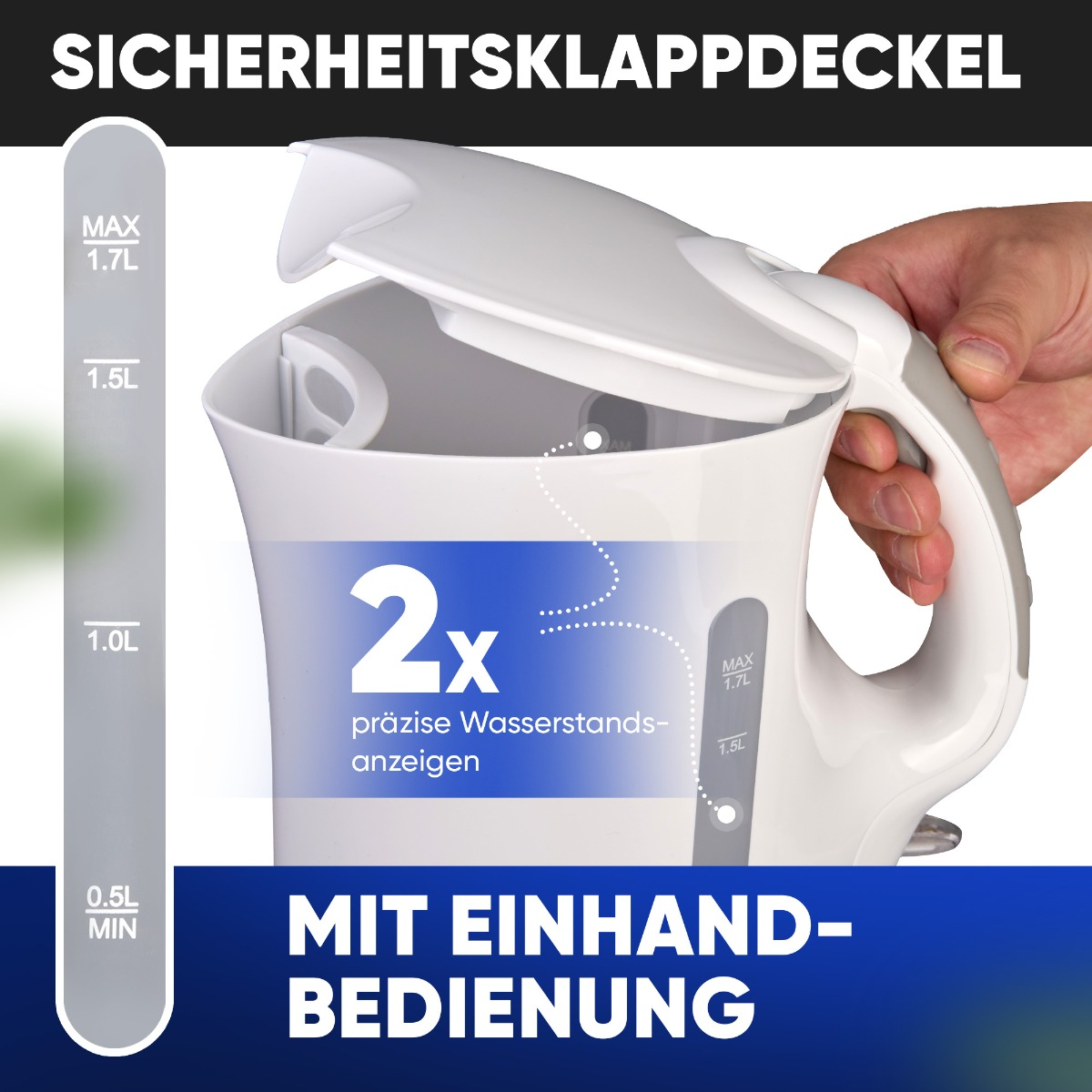 Weißer Wasserkocher mit grauem Griff. Klare Wasserstandsanzeigen sind sichtbar.