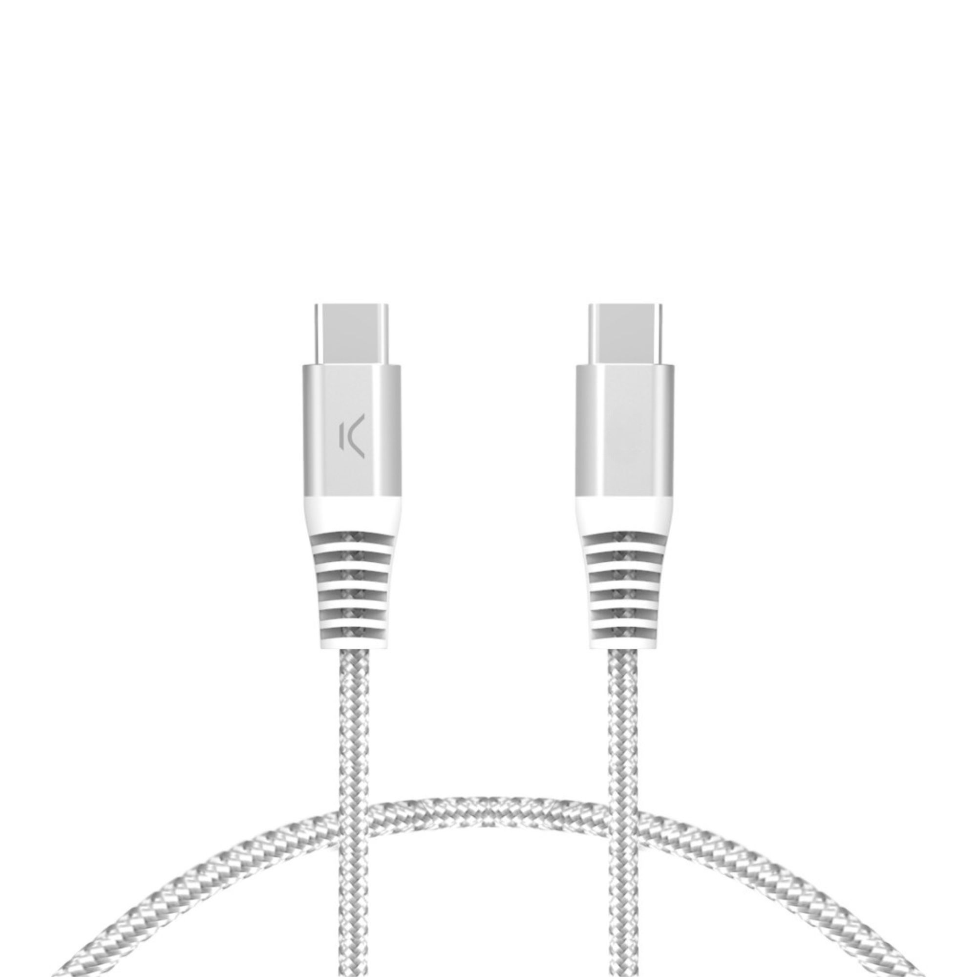 Due cavi USB-C con connettori argentati e cavi intrecciati grigi, su sfondo bianco.