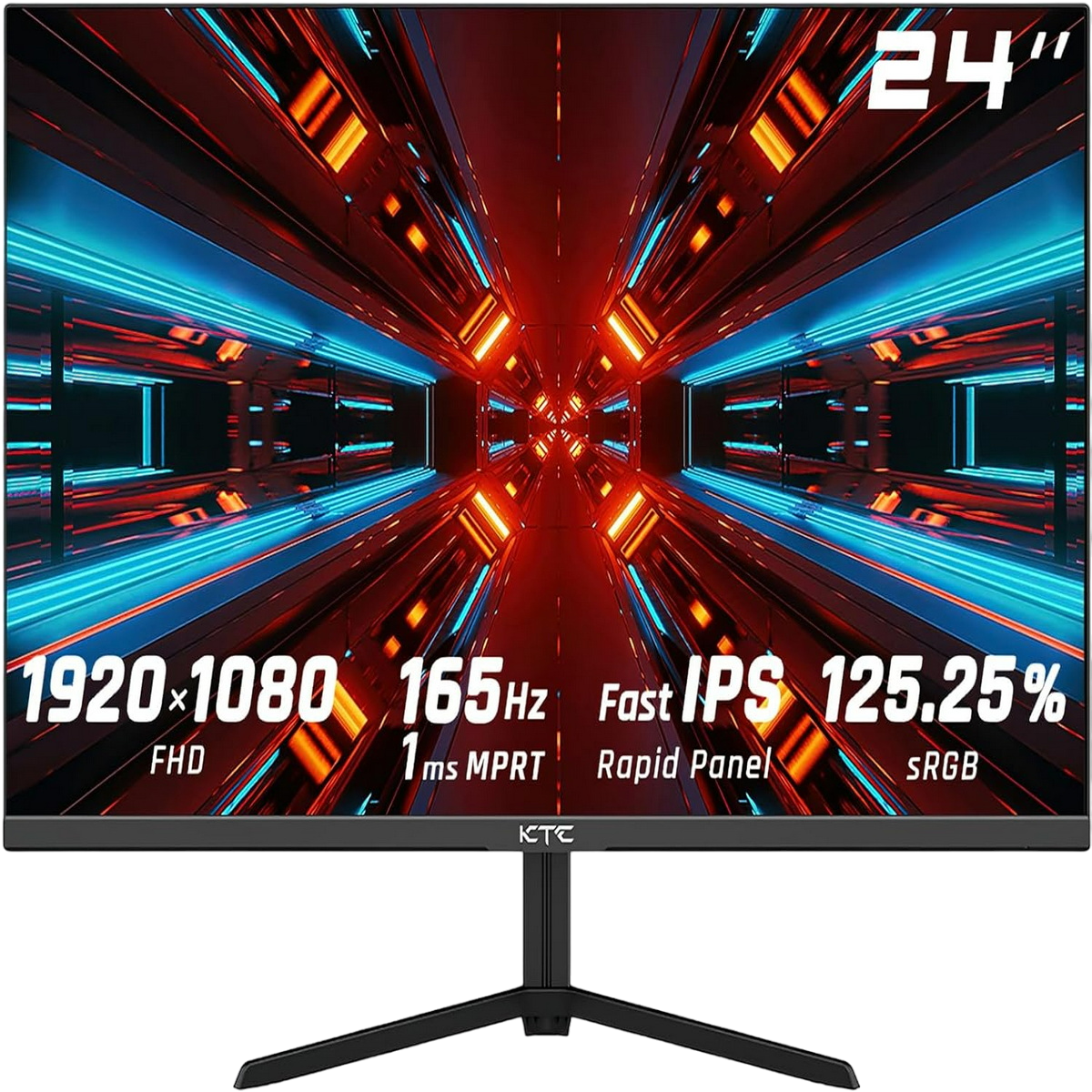 Monitor de 24", marco negro, gráficos vibrantes, especificaciones técnicas.