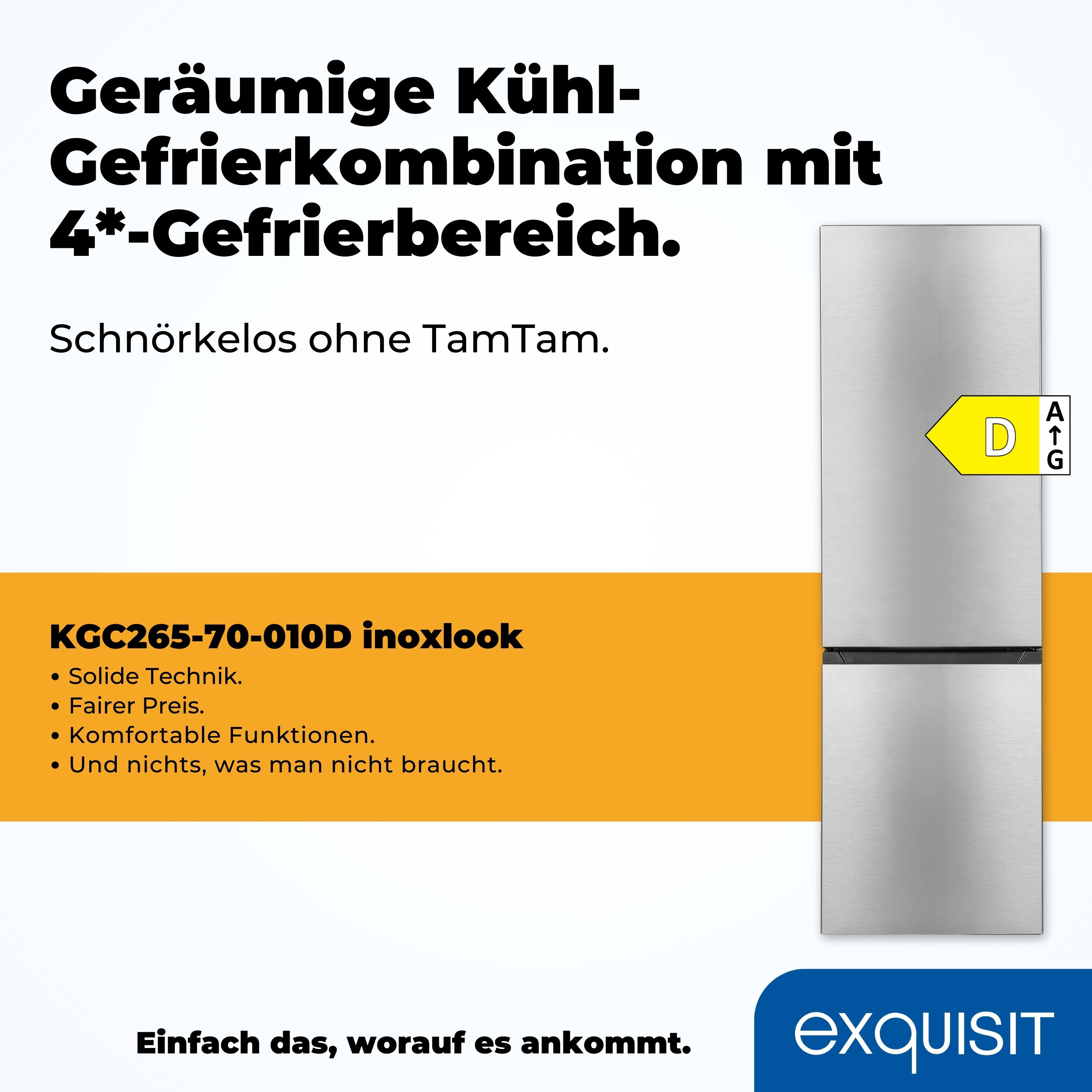 Edelstahl-Kühlschrank mit schwarzen Griffen, Energielabel D. Text oben. Orangefarbene Tafel mit Text.