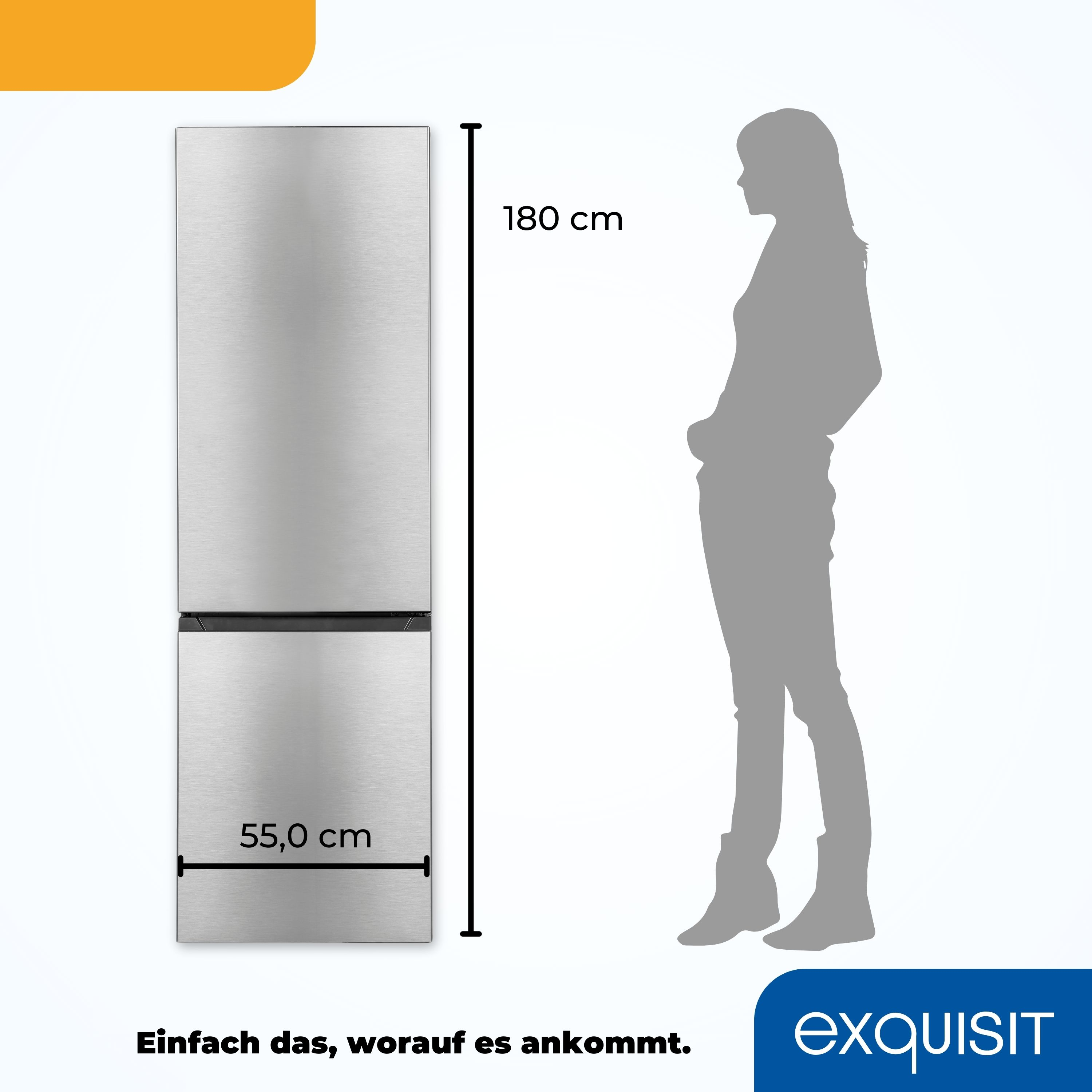 Ein hoher Kühlschrank mit einer Personensilhouette daneben, Abmessungen und "exquisit"-Logo sind sichtbar.