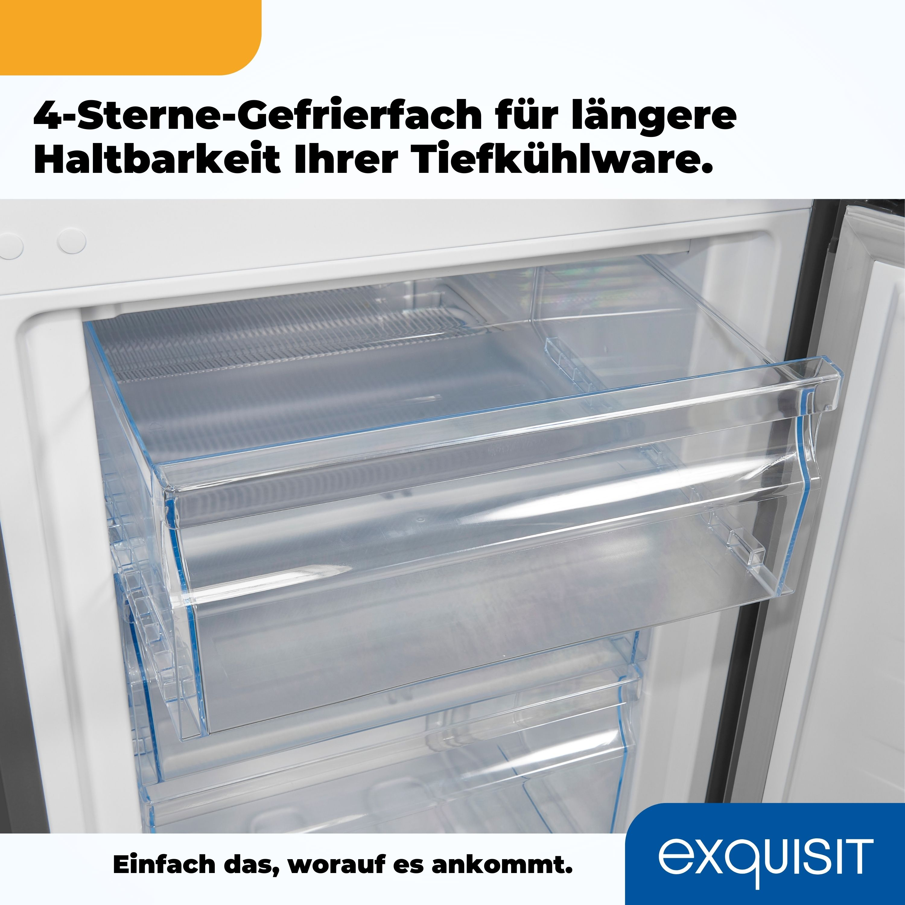 Klare Kunststoff-Gefrierschubladen in einem weißen Kühlschrank.