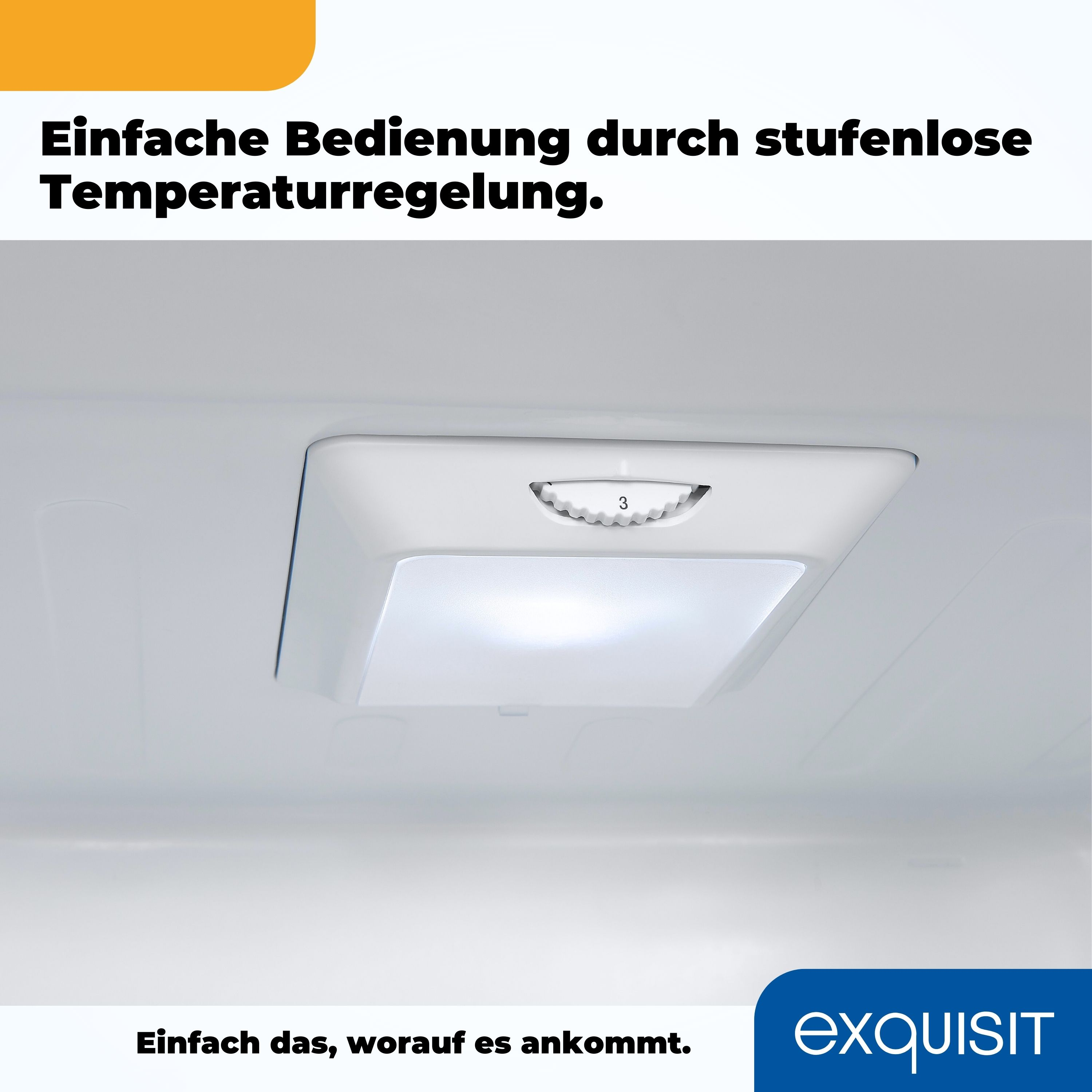 Ein weißes Panel mit einem beleuchteten Drehknopf, mit Text oben und dem Markennamen unten.