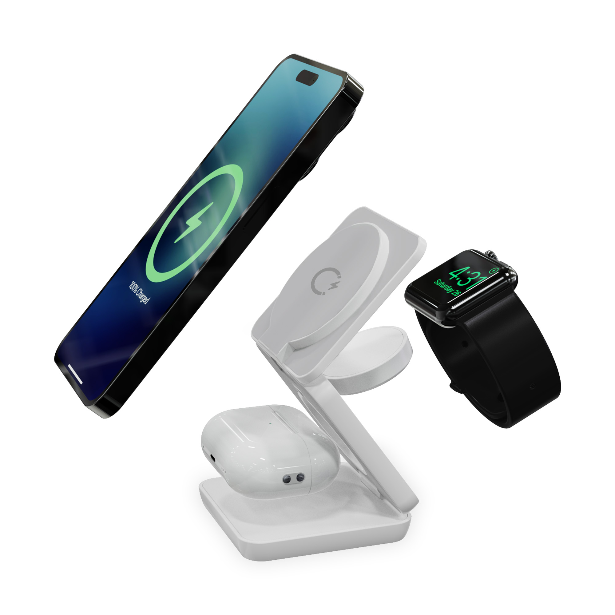 Una estación de carga con un teléfono, auriculares y un reloj inteligente, todos blancos y sobre un fondo blanco.