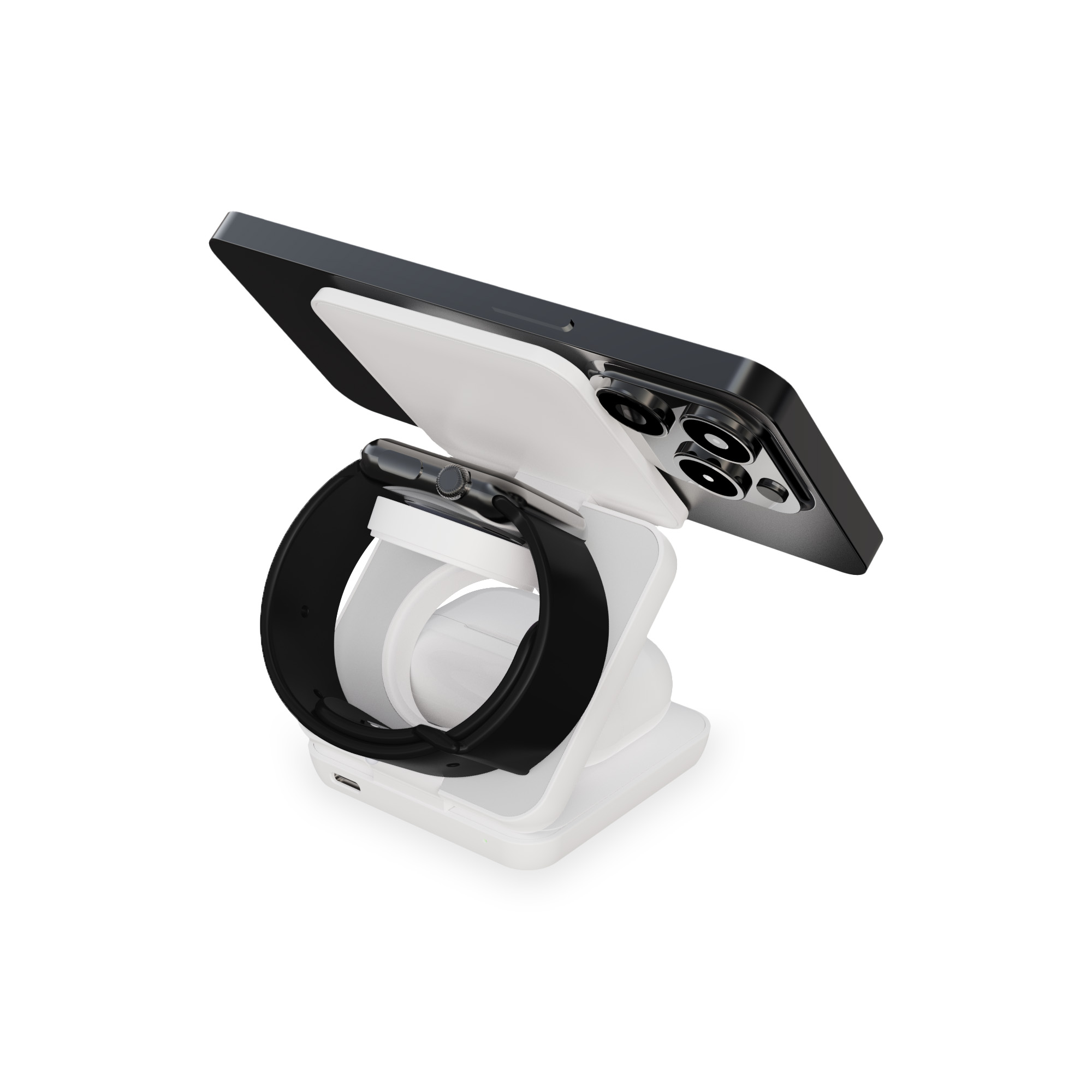 Un soporte de carga blanco con un teléfono negro y un reloj negro, fondo blanco.