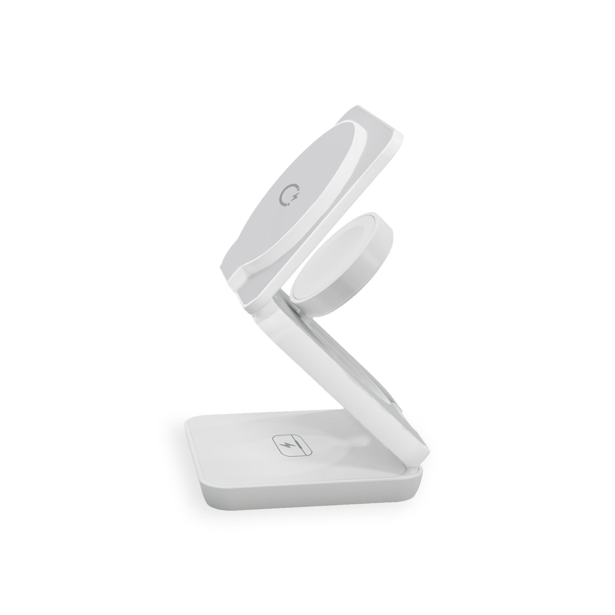 Un soporte de carga inalámbrico blanco y gris. Puede cargar un teléfono y un reloj al mismo tiempo. Está sobre blanco.