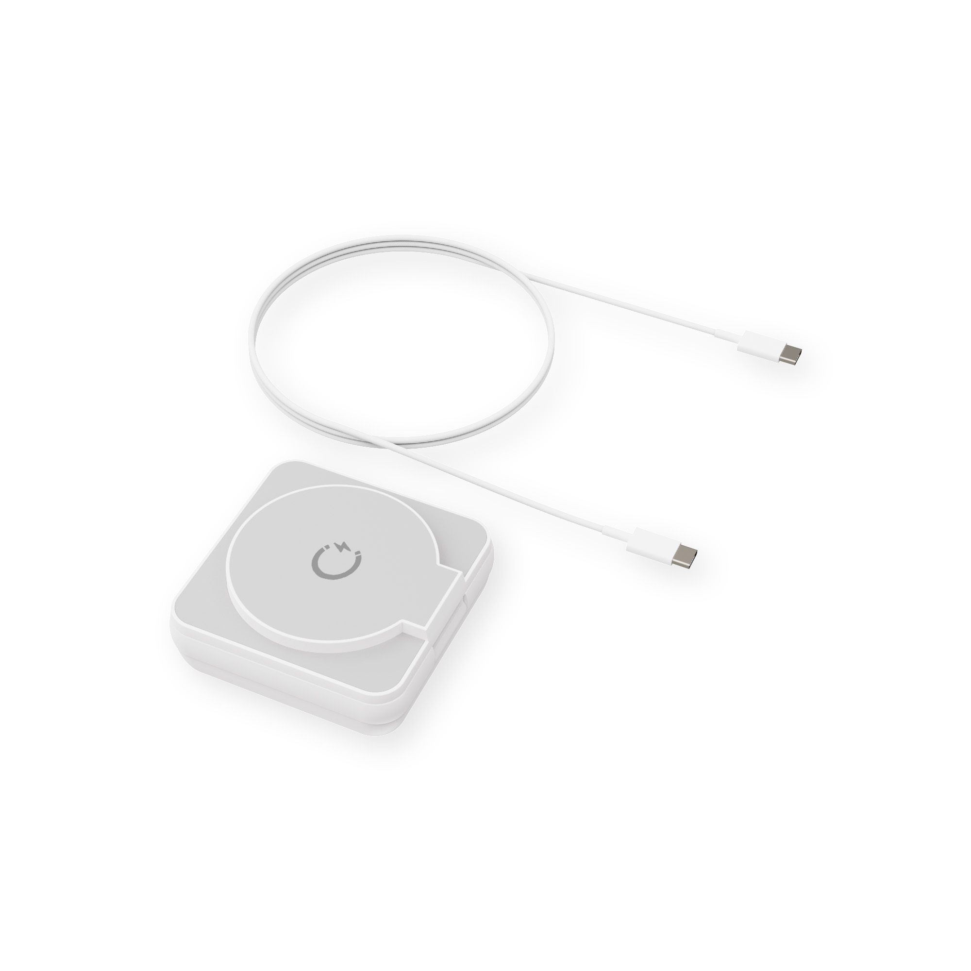 Cargador inalámbrico blanco y cable USB-C blanco. El cargador tiene una parte superior circular.