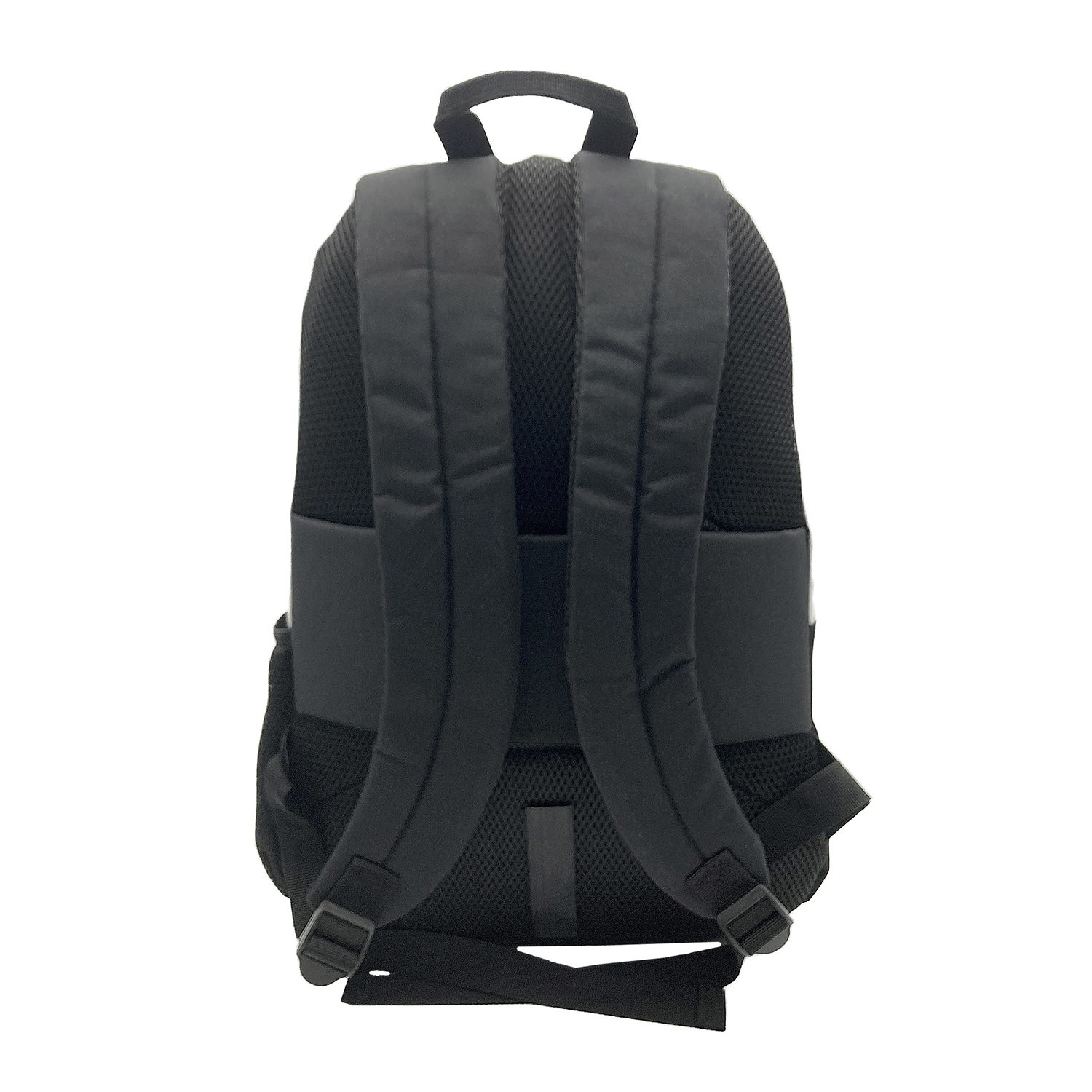Una mochila negra con dos correas para los hombros y un panel trasero de malla negra.