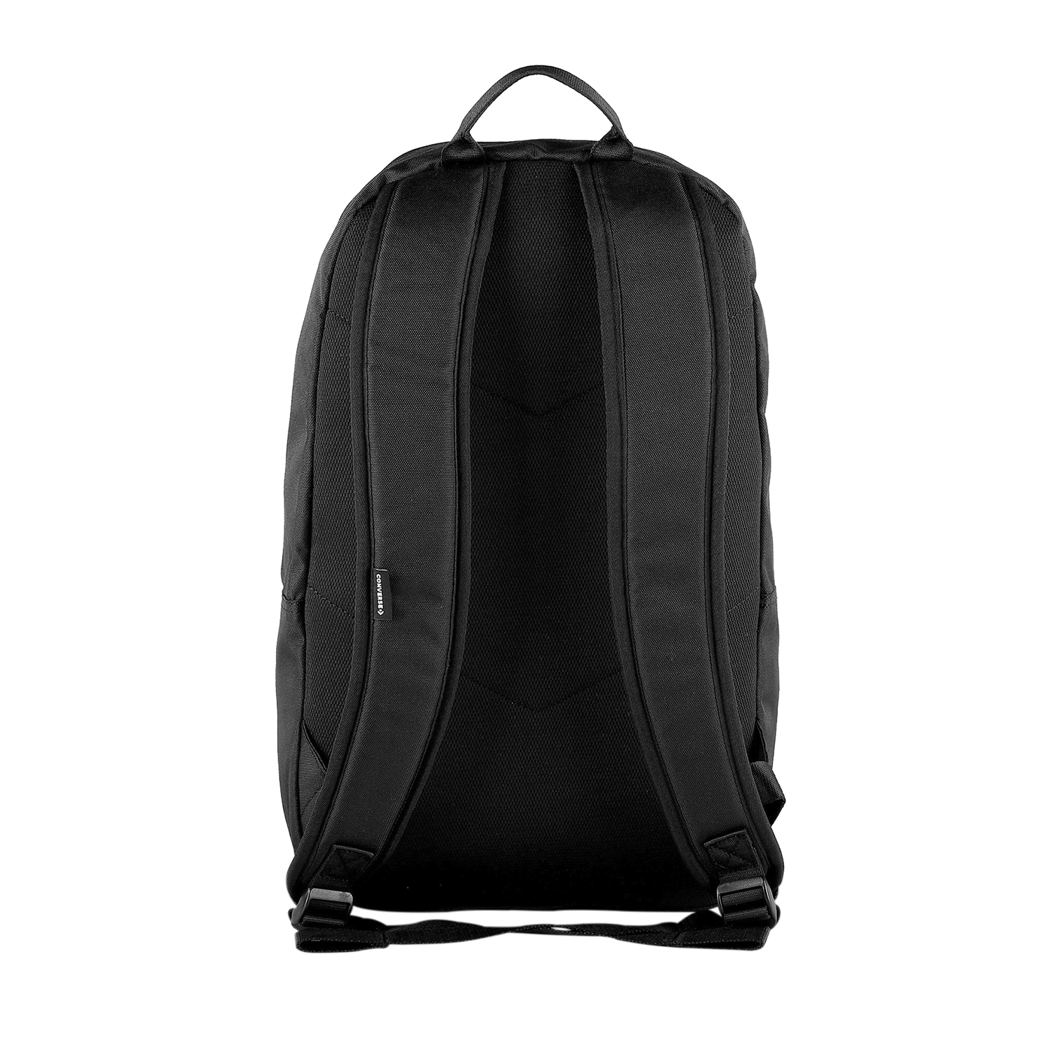 Mochila negra, vista trasera, con asa y correas. Fondo blanco.