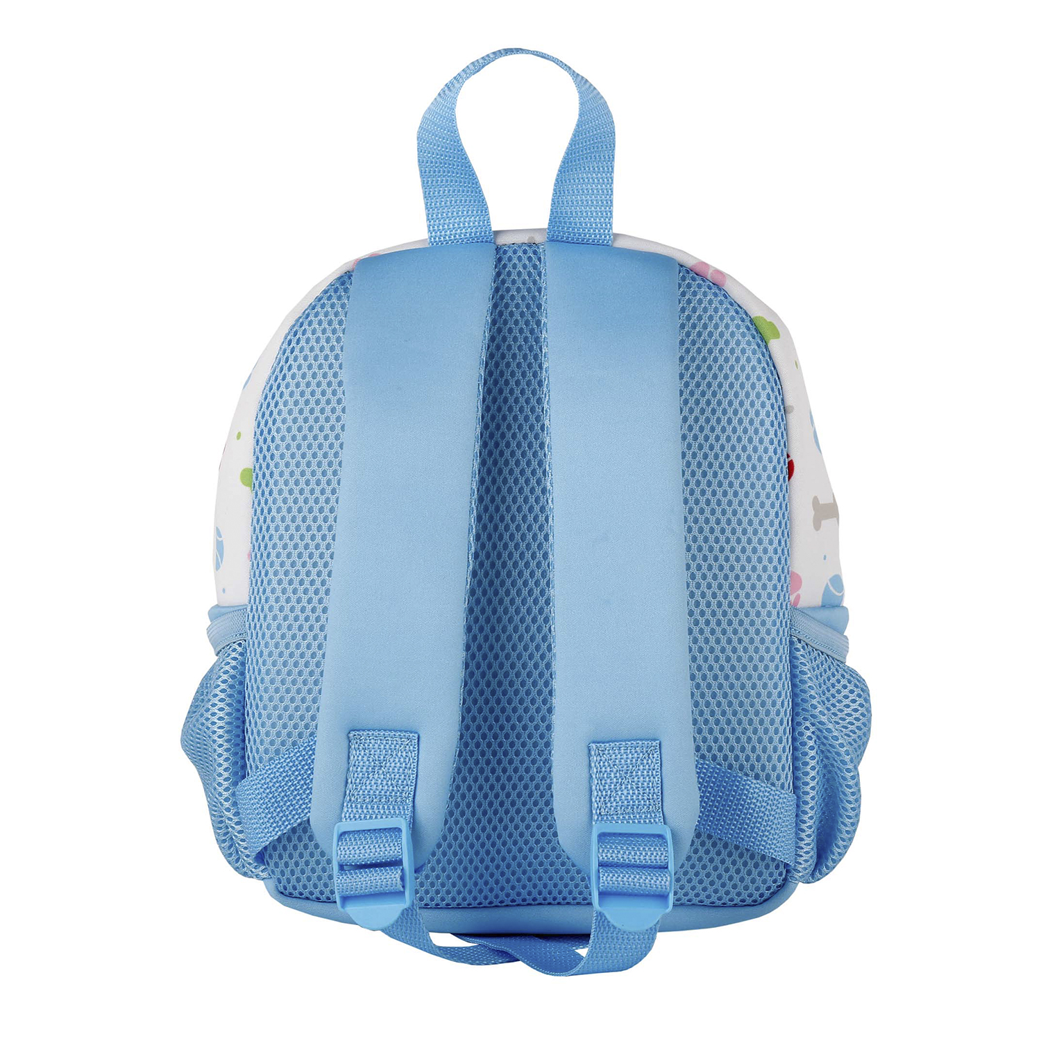 Uno zaino blu con schienale in rete, spallacci e illustrazioni in stile cartone animato.